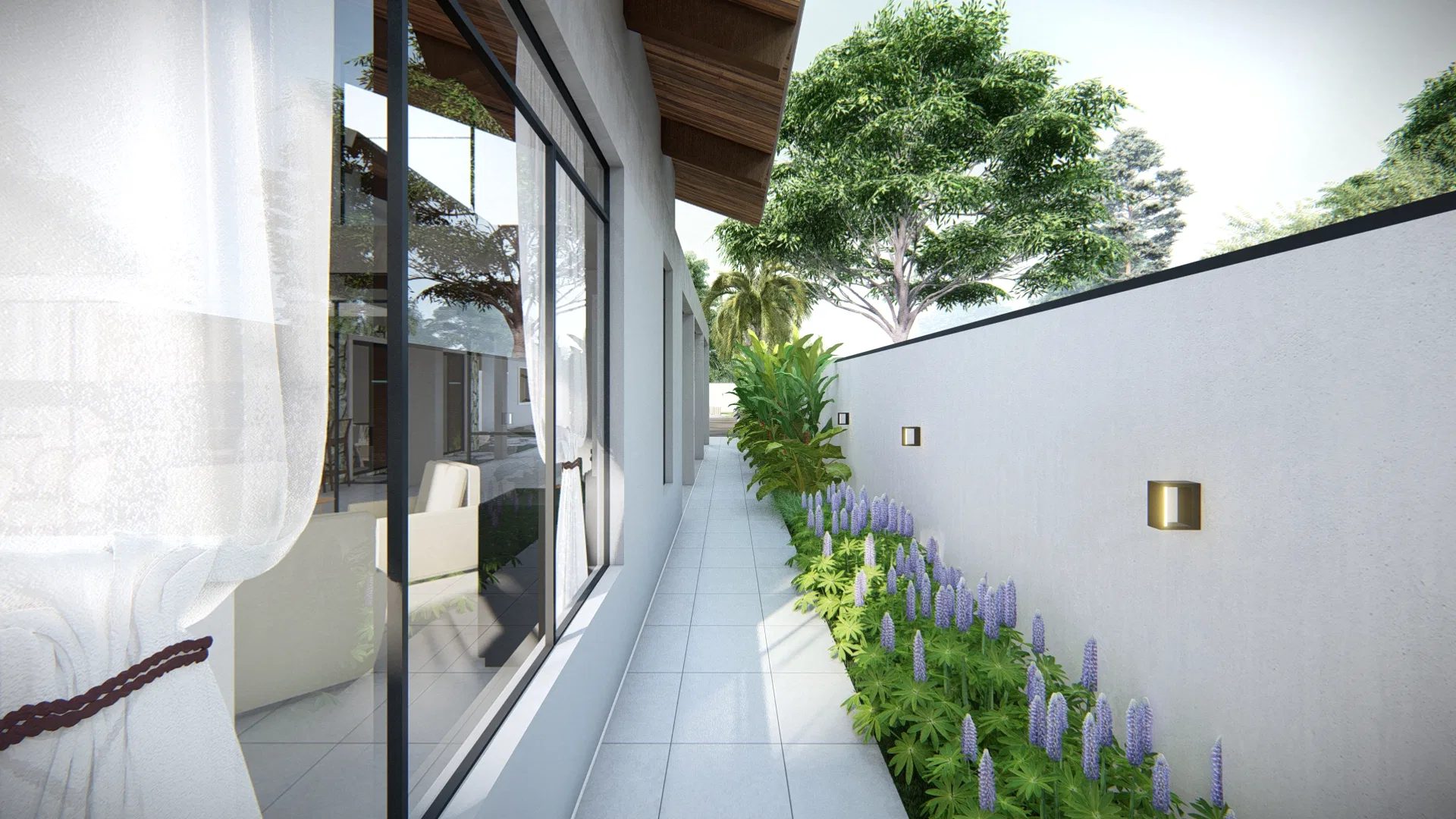 Visualização arquitetônica do projeto Casa Térrea com Telhado em Duas Águas, Varanda em Pedra Portuguesa e Piscina — GRON 3D