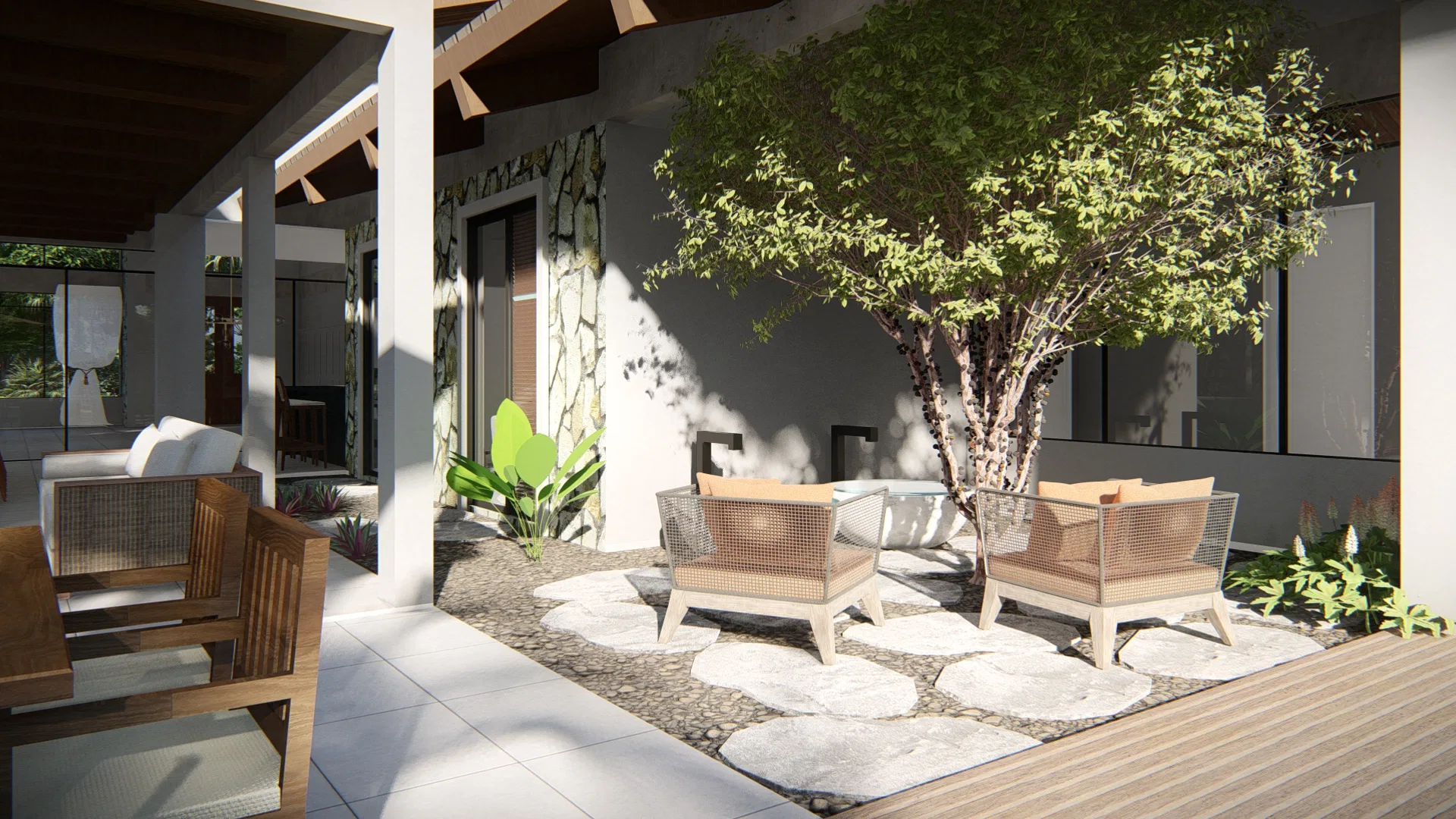 Visualização arquitetônica do projeto Casa Térrea com Telhado em Duas Águas, Varanda em Pedra Portuguesa e Piscina — GRON 3D