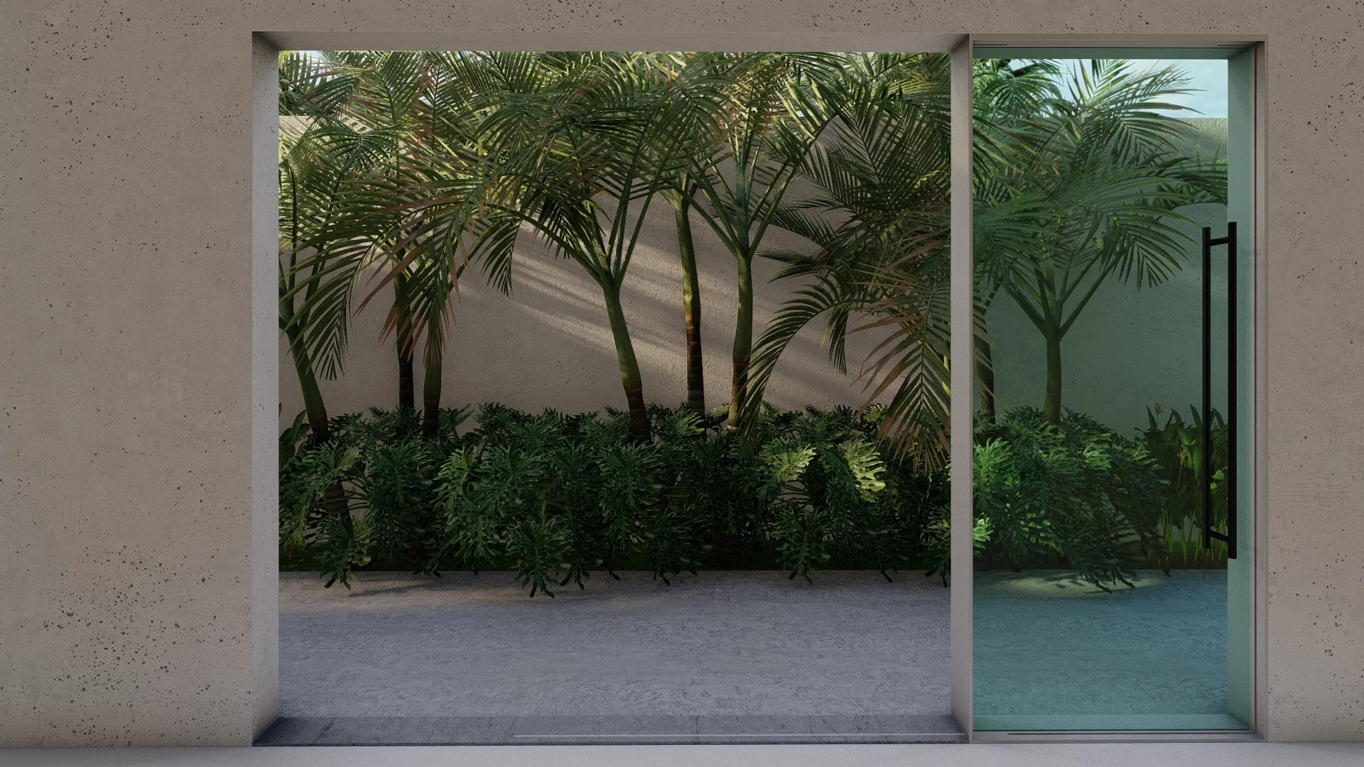 Framed opening onto a grove of areca palms against the wall, with a low hedge at the base and a glass pivot door alongside