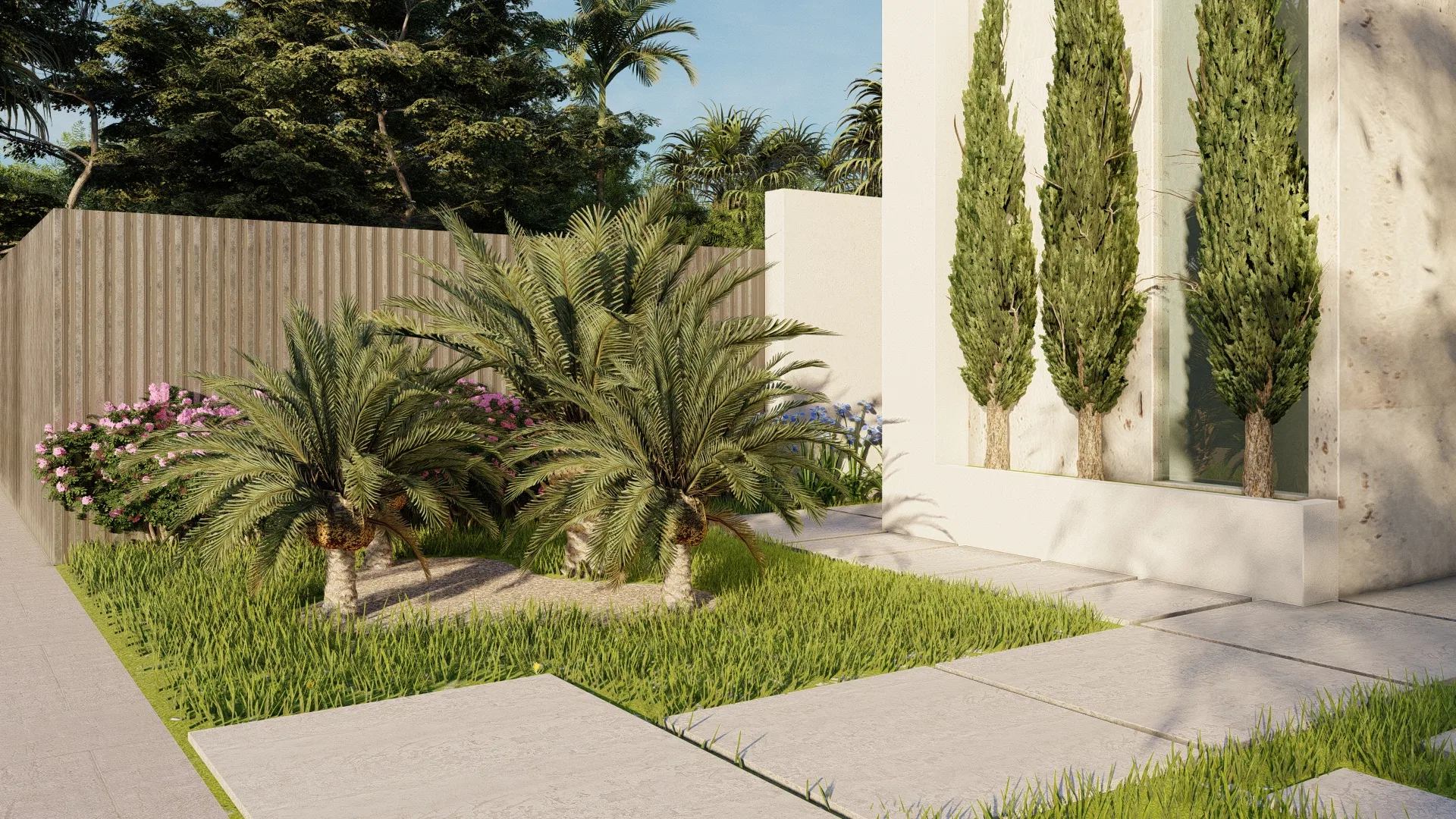 Planting bed by the facade with slender cypresses before a glazed slot, phoenix palms and pink-flowering shrubs over grass and paving slabs