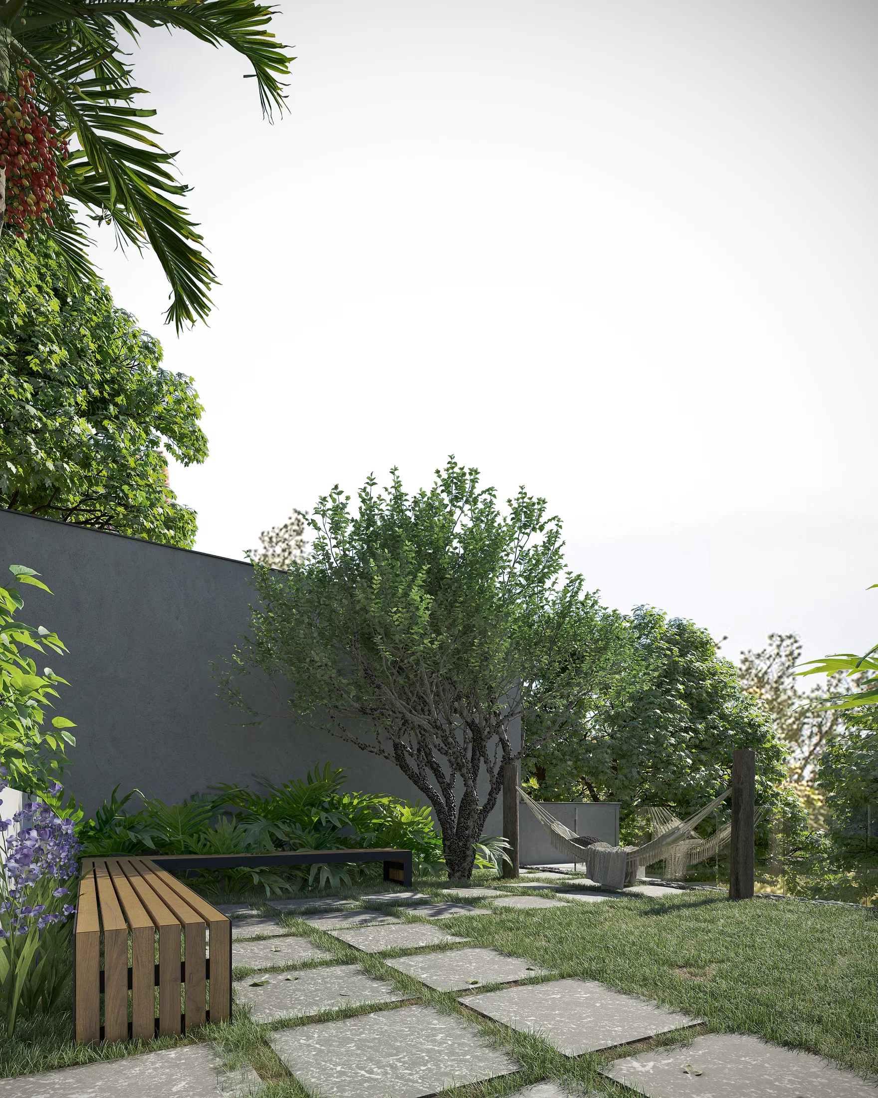 Backyard corner with a slatted wood bench, stone pavers set in the lawn, a strung hammock and a gnarled shade tree by the wall