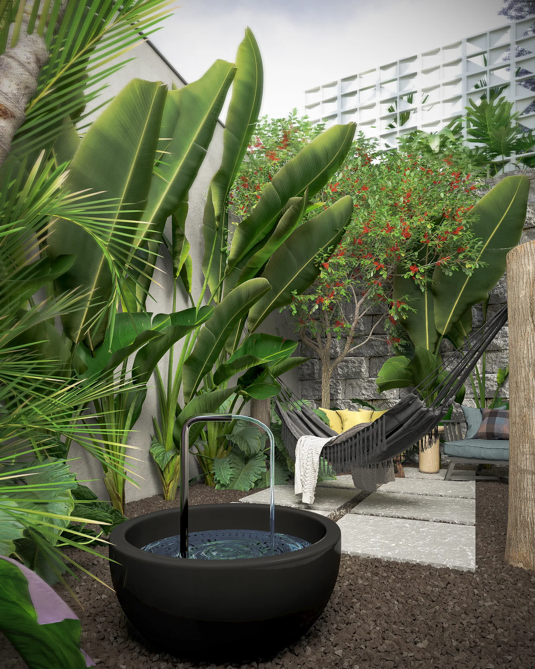 Resting nook with a round black tub, a cushioned hammock, bird-of-paradise leaves and a white breeze-block screen over gravel