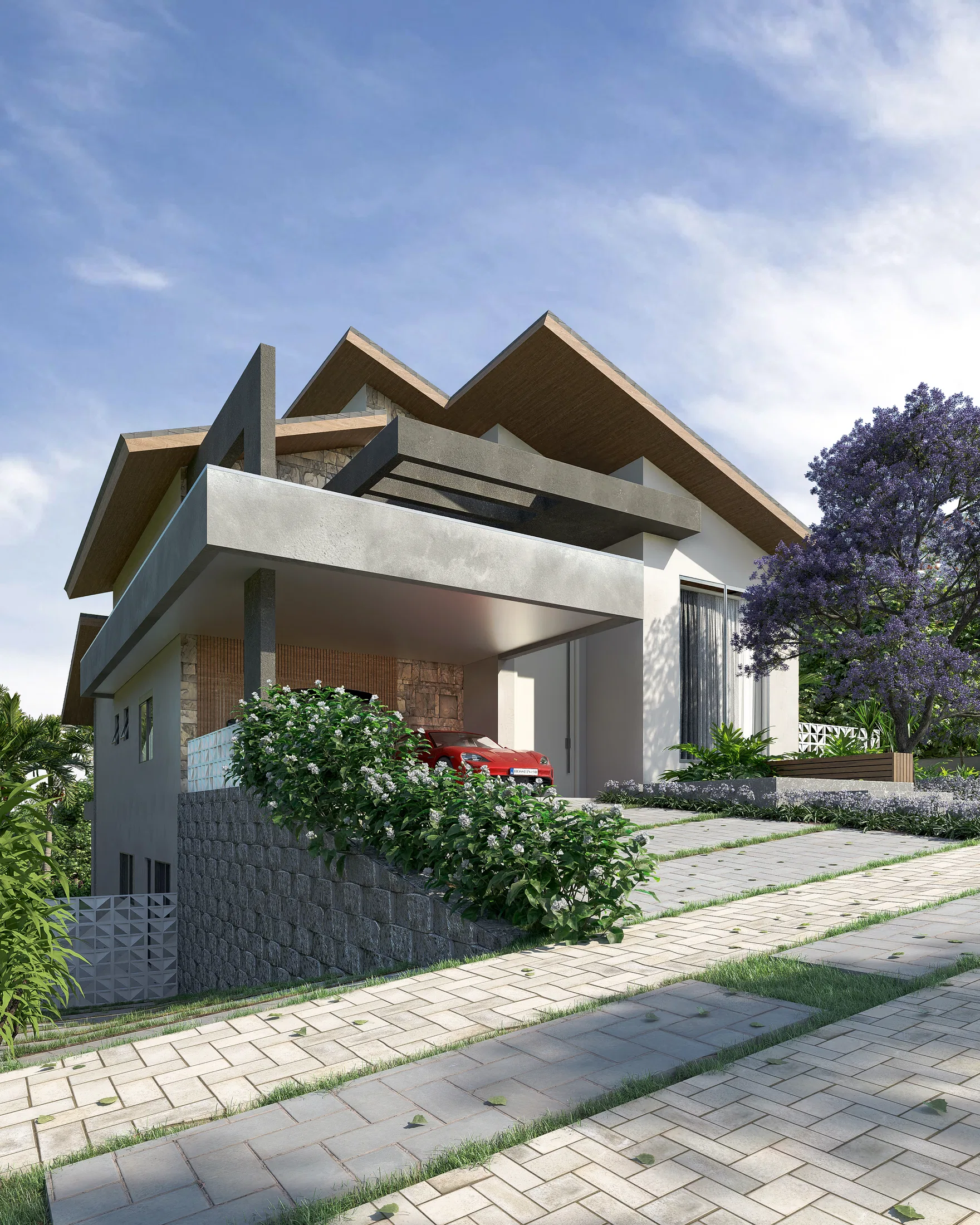 Corner view of the house with wood eaves and a cantilevered volume, a textured wall and a mass of flowering shrubs by the paved walk