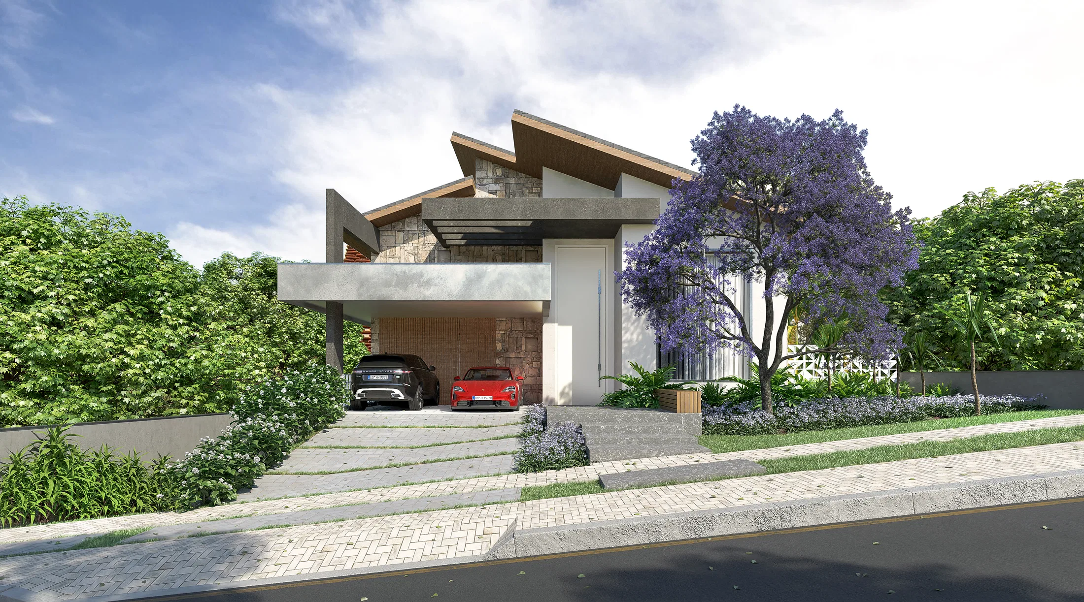 House facade with an angled wood-lined roof, a carport with two cars and a terraced front garden with a flowering jacaranda