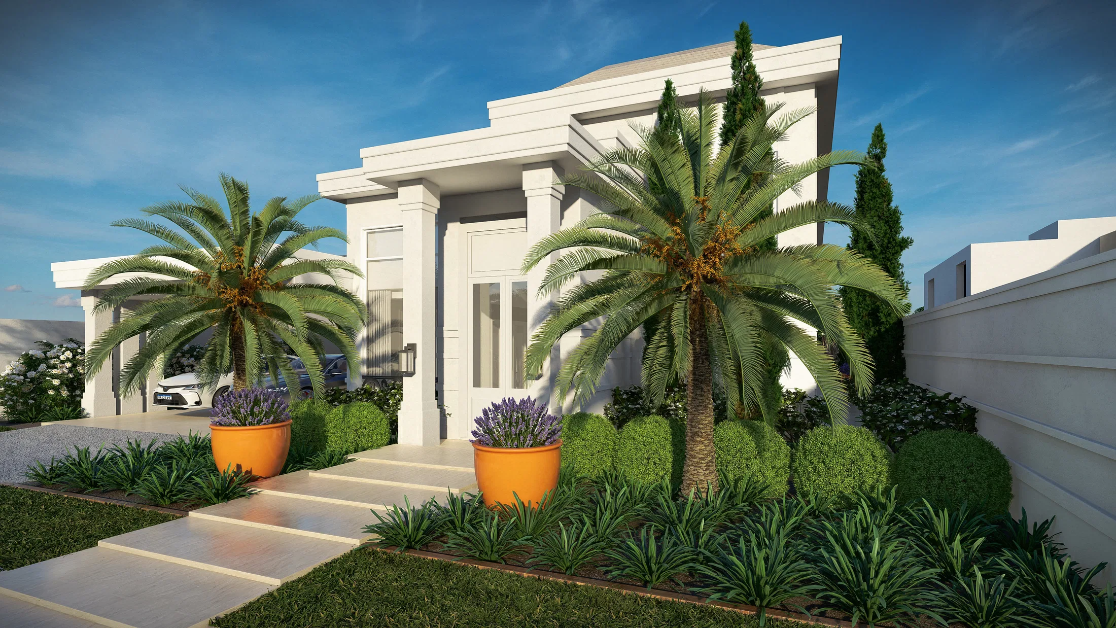 House entrance between two large date palms, with orange pots of purple agapanthus, clipped boxwood balls and an agave groundcover