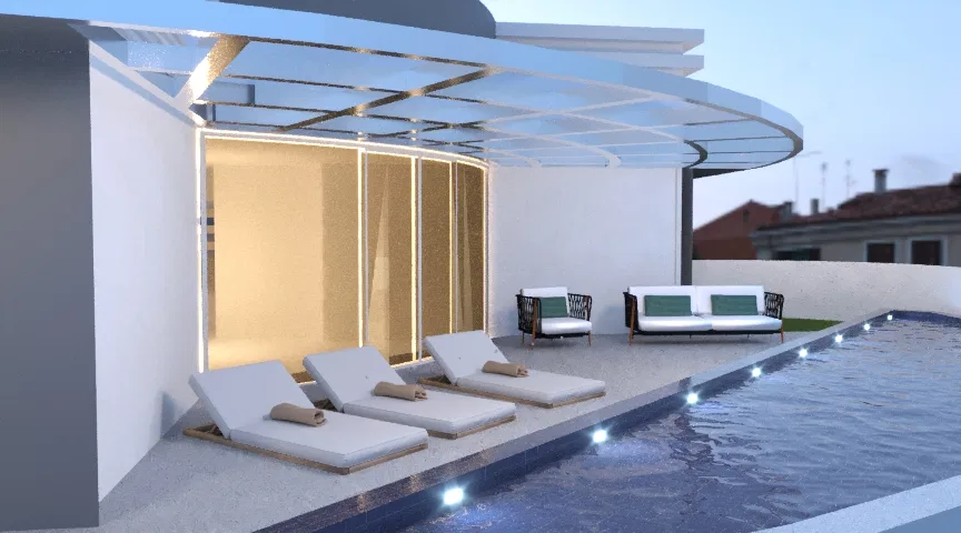 Pool area at dusk, with an illuminated retractable pergola, lounge chairs and edge lighting in the water