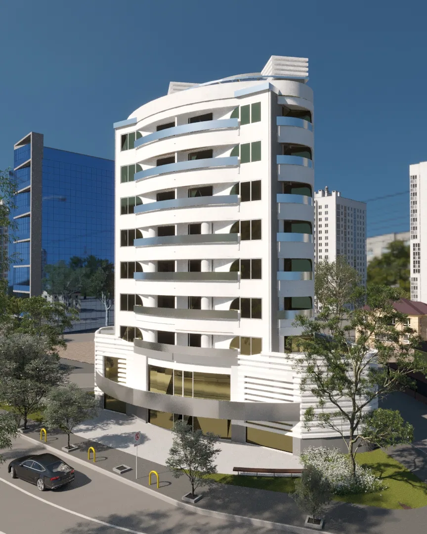 Daytime aerial view of a residential building with a curved white facade, cantilevered balconies and tree-lined streets around it