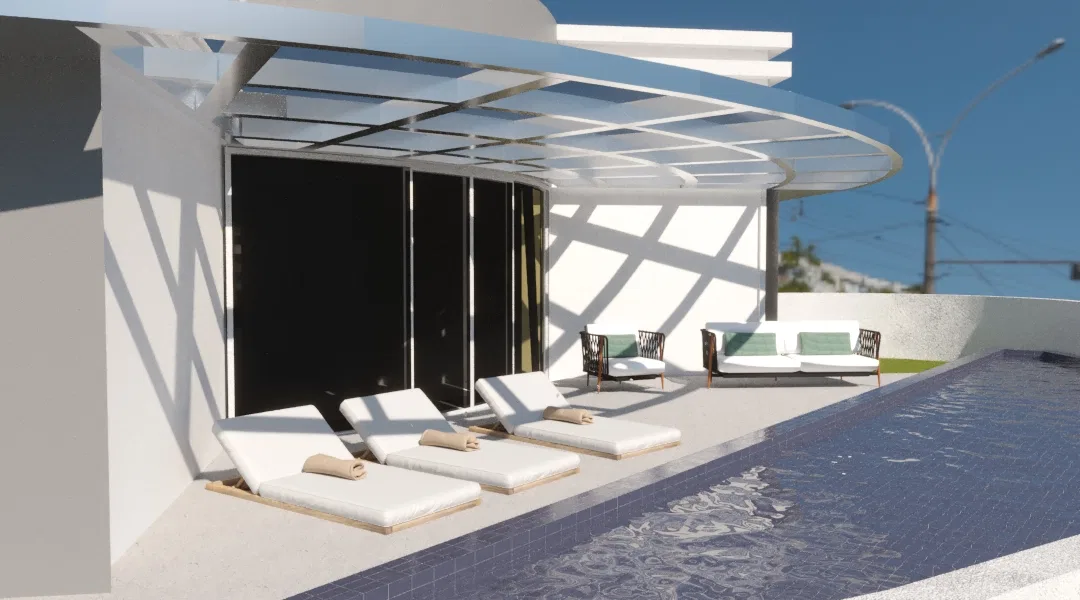 Leisure deck under a retractable pergola, with lounge chairs and sofas along the pool edge