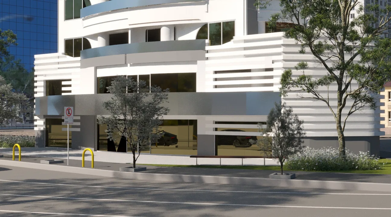 Street-level view of the building facade with horizontal brise-soleils, a metallic band on the mid-level volume and a glazed ground floor