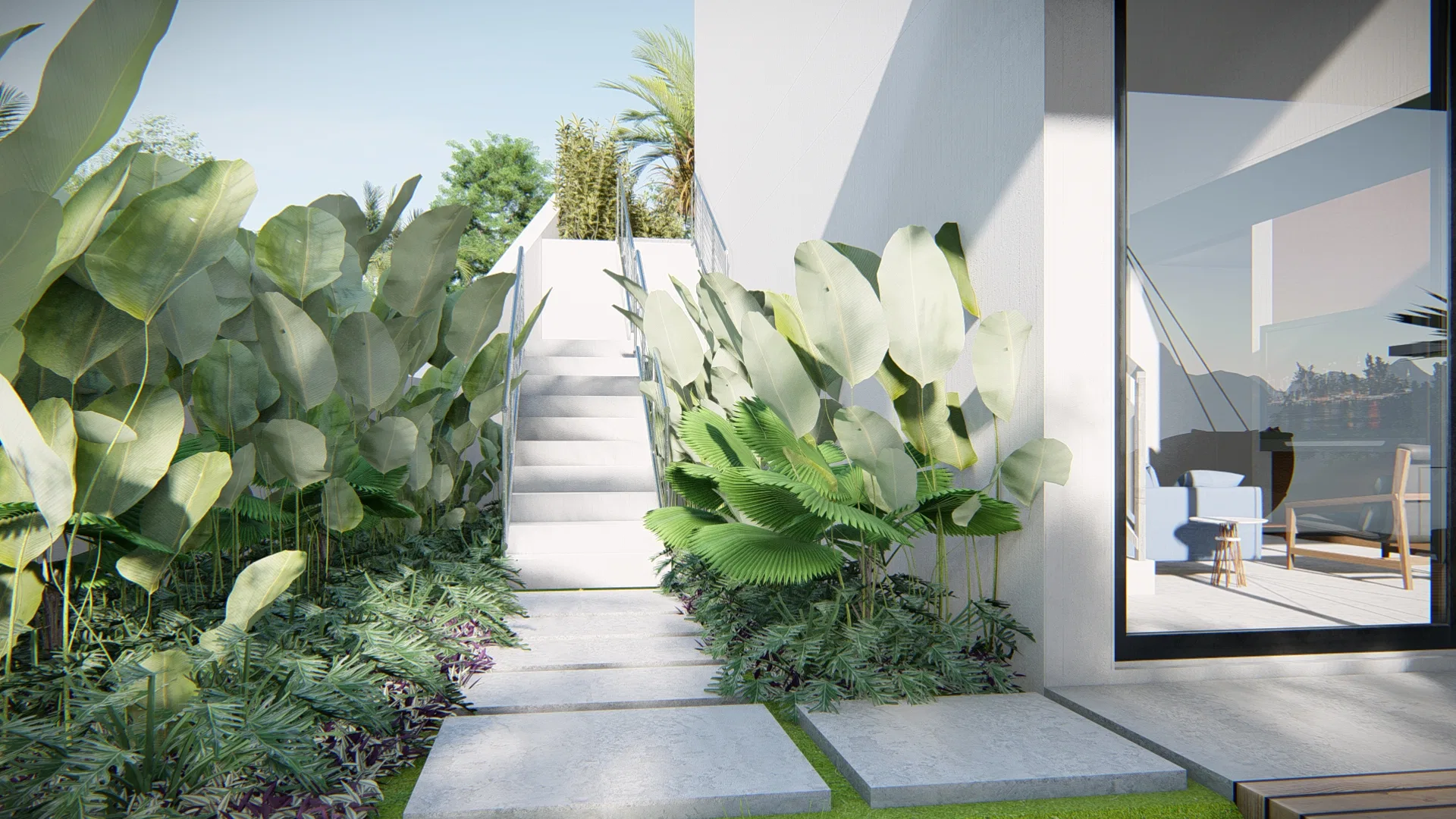 Outdoor staircase framed by large tropical leaves leading to the terrace, with a glass railing