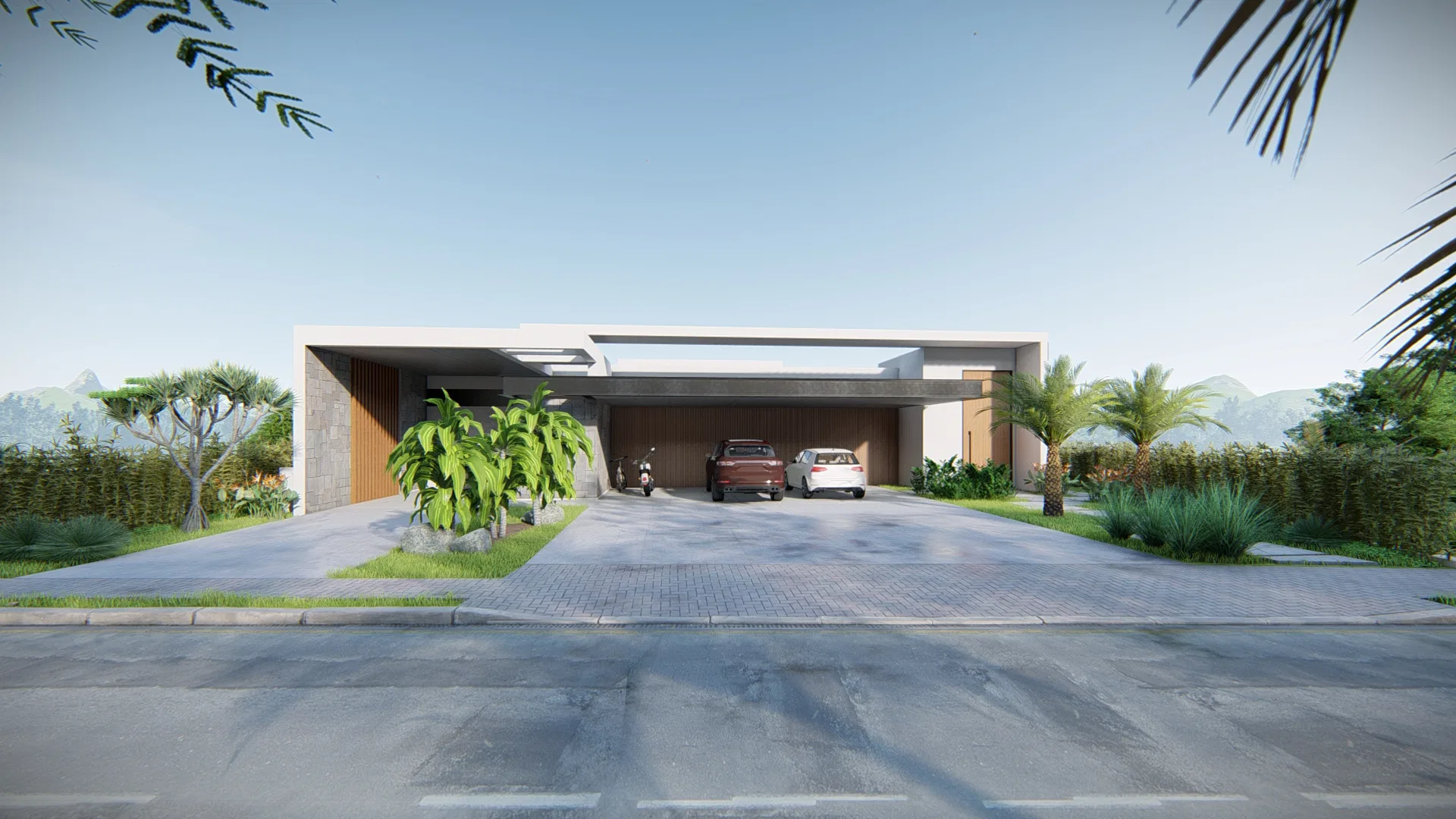 House facade with a covered driveway, two parked cars and palm trees flanking the entrance under a clear sky