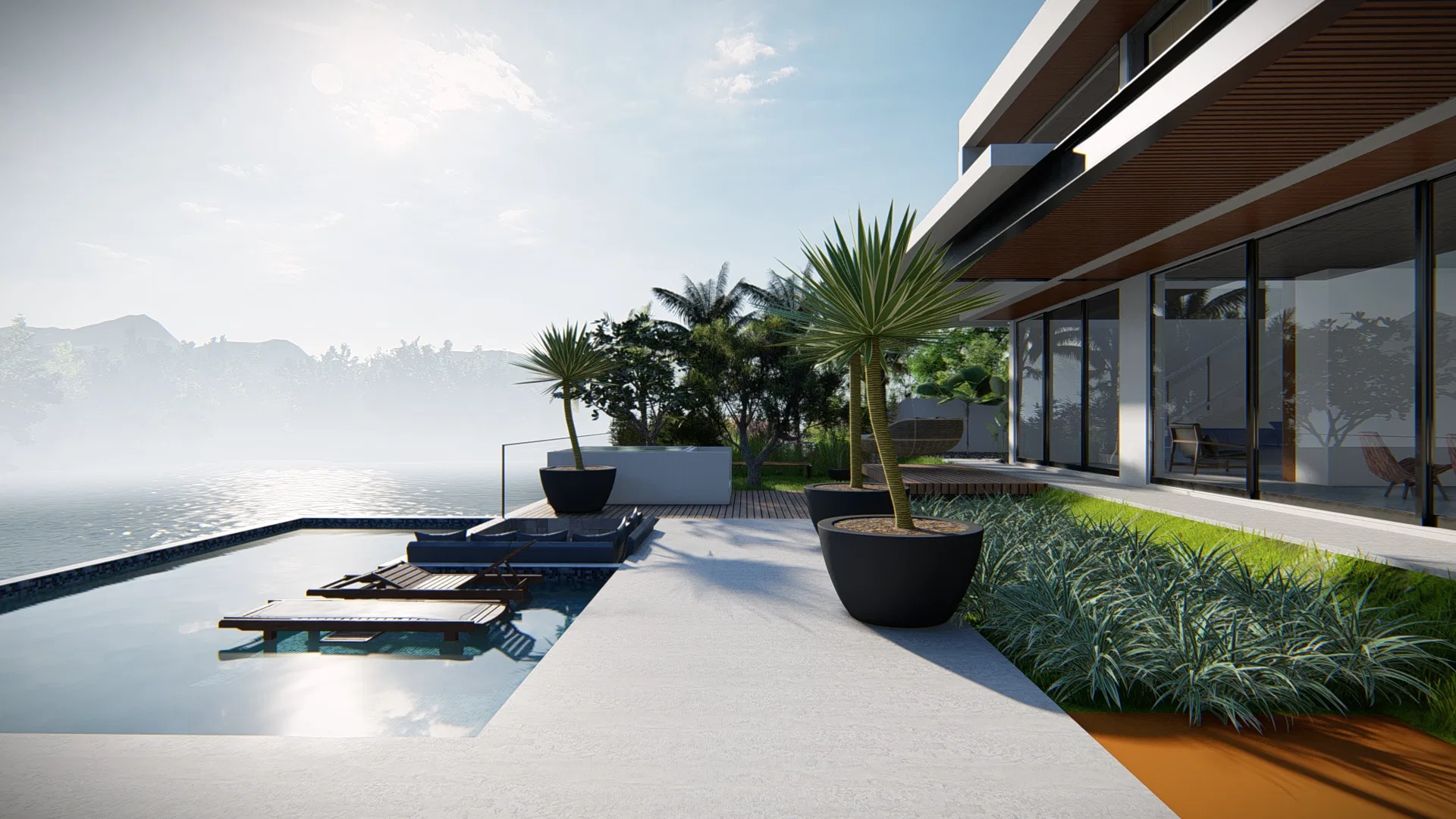 Pool deck with lounge chairs and potted palms, open view over a misty body of water under soft light