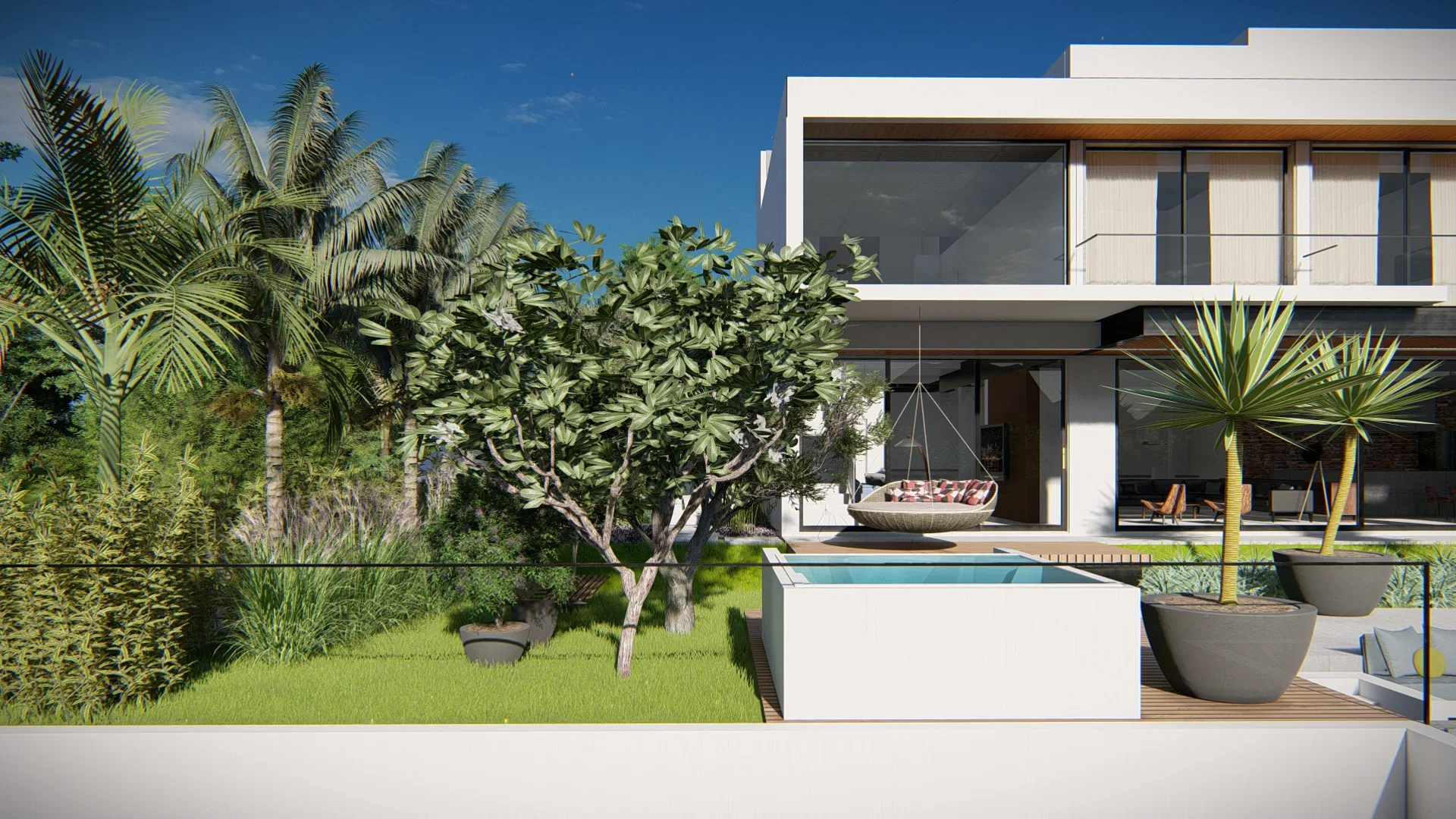 Upper terrace with a raised pool, a hanging chair and potted palms beside the house's lounge area