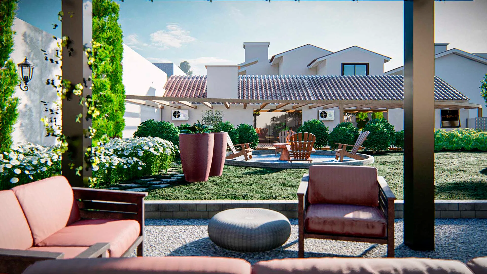 Pergola-covered lounge with terracotta-toned upholstered armchairs, overlooking the fire-pit area and the house beyond