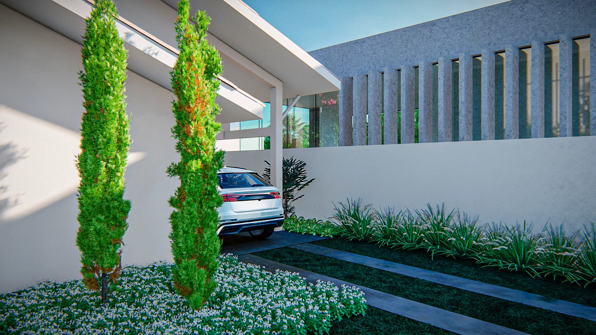 Driveway with Italian cypresses lining a parked car, a perforated concrete wall and grass strips set into the paving