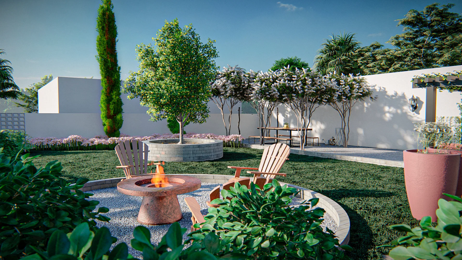 Circular fire pit with wooden adirondack chairs set among beds of white-flowering trees