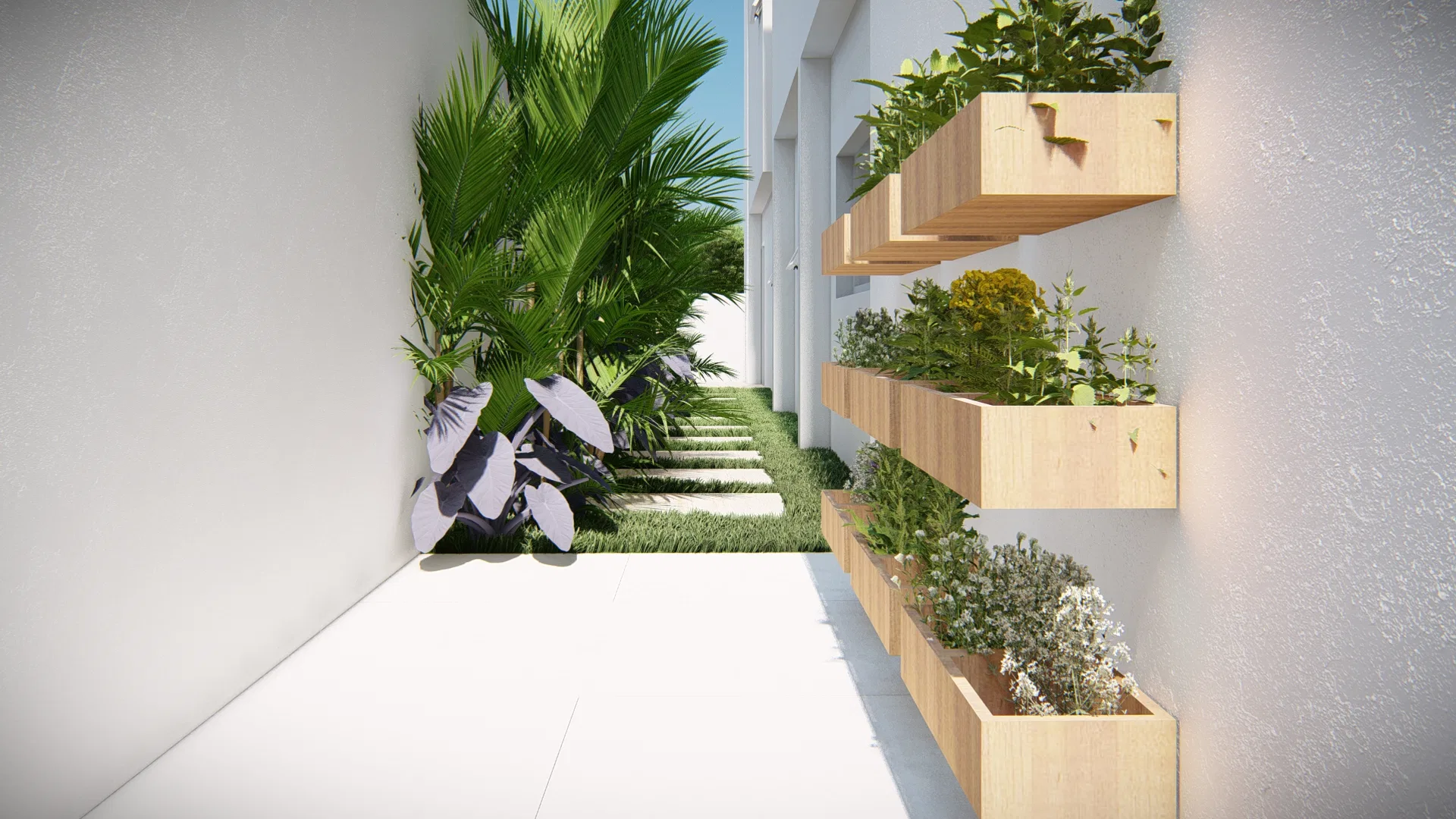 Suspended herb garden in wooden wall niches with herbs and flowers, beside a narrow passage with foliage and a stepping-stone path.