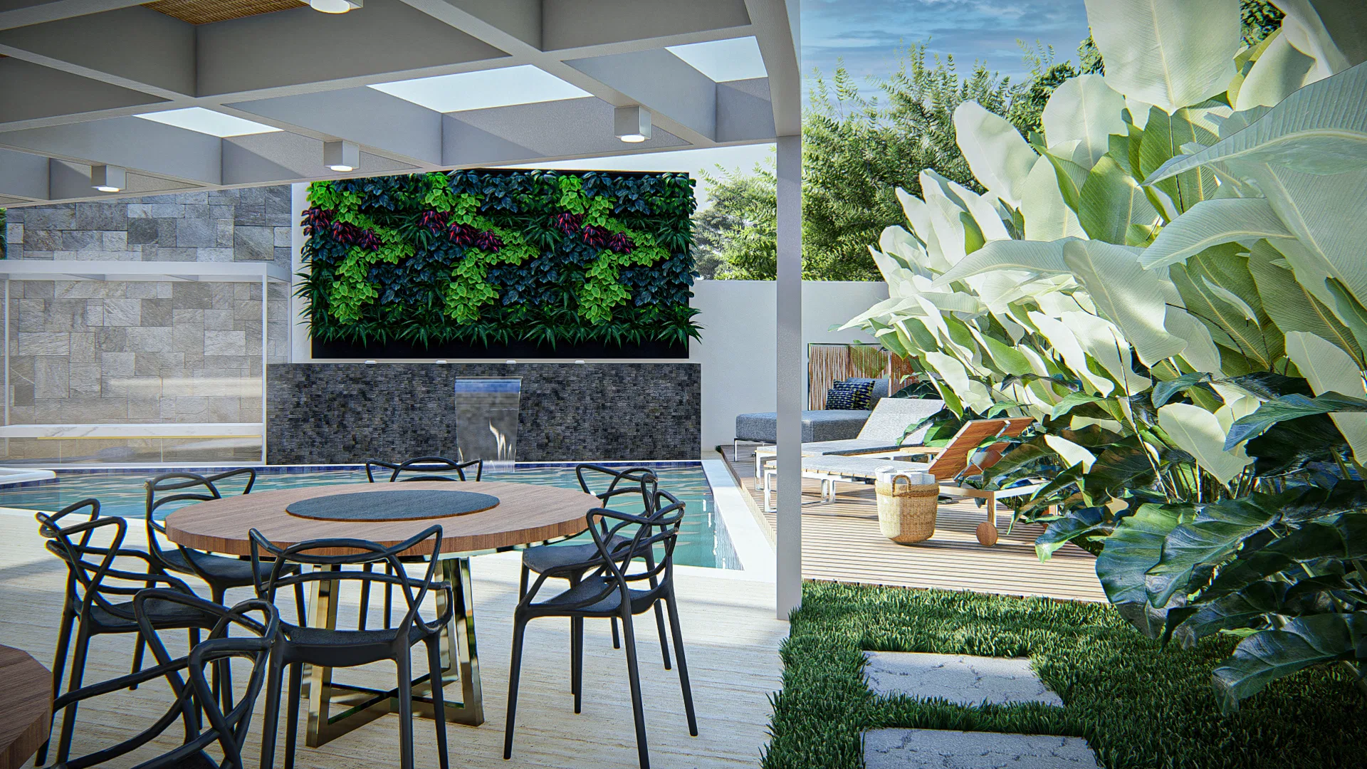 Dining table under the pergola facing a living wall with magenta floral accents, a stone water feature, pool and tropical foliage around.