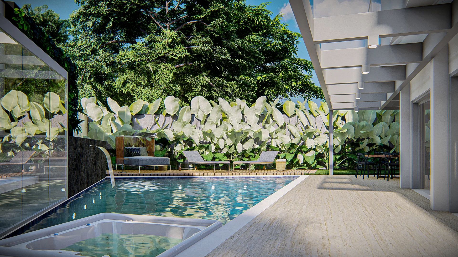 Extended pool with a hydromassage spa and wood deck, loungers and a hedge of rounded leaves beneath a leafy tree.
