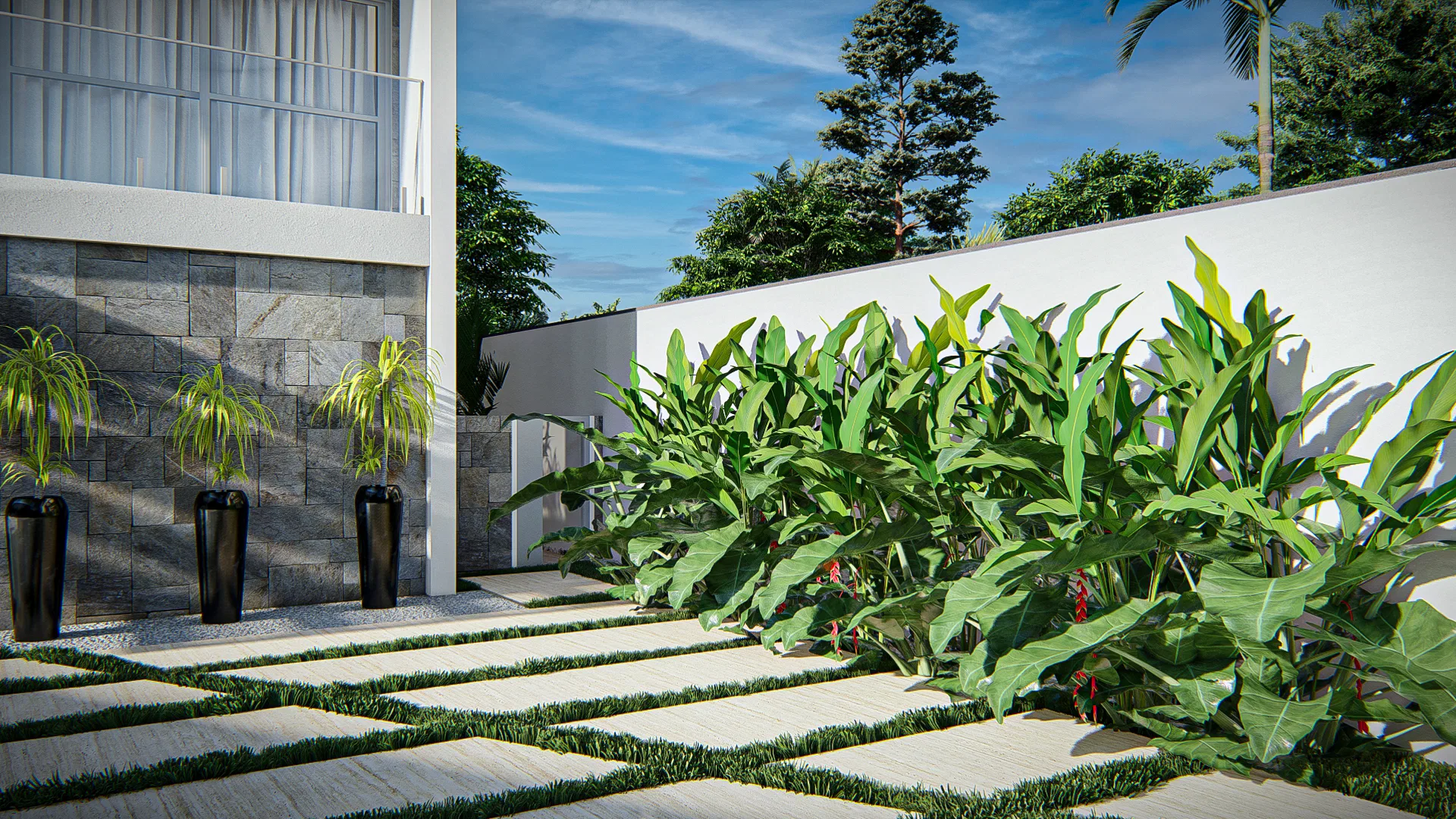 Side passage with a stone-clad wall and three tapered black pots holding palms, a tropical foliage bed and paving slabs with grass joints.