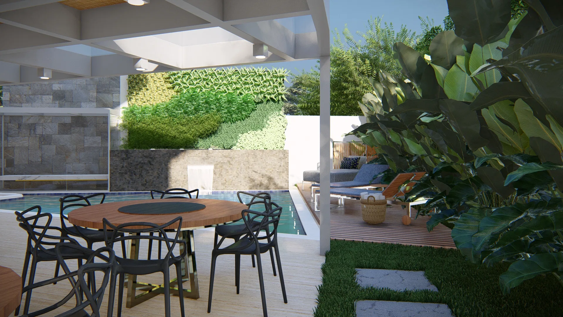 Pergola-shaded pool area, with a round wood table, black openwork chairs, a green living wall, a stone water feature and a deck with loungers.