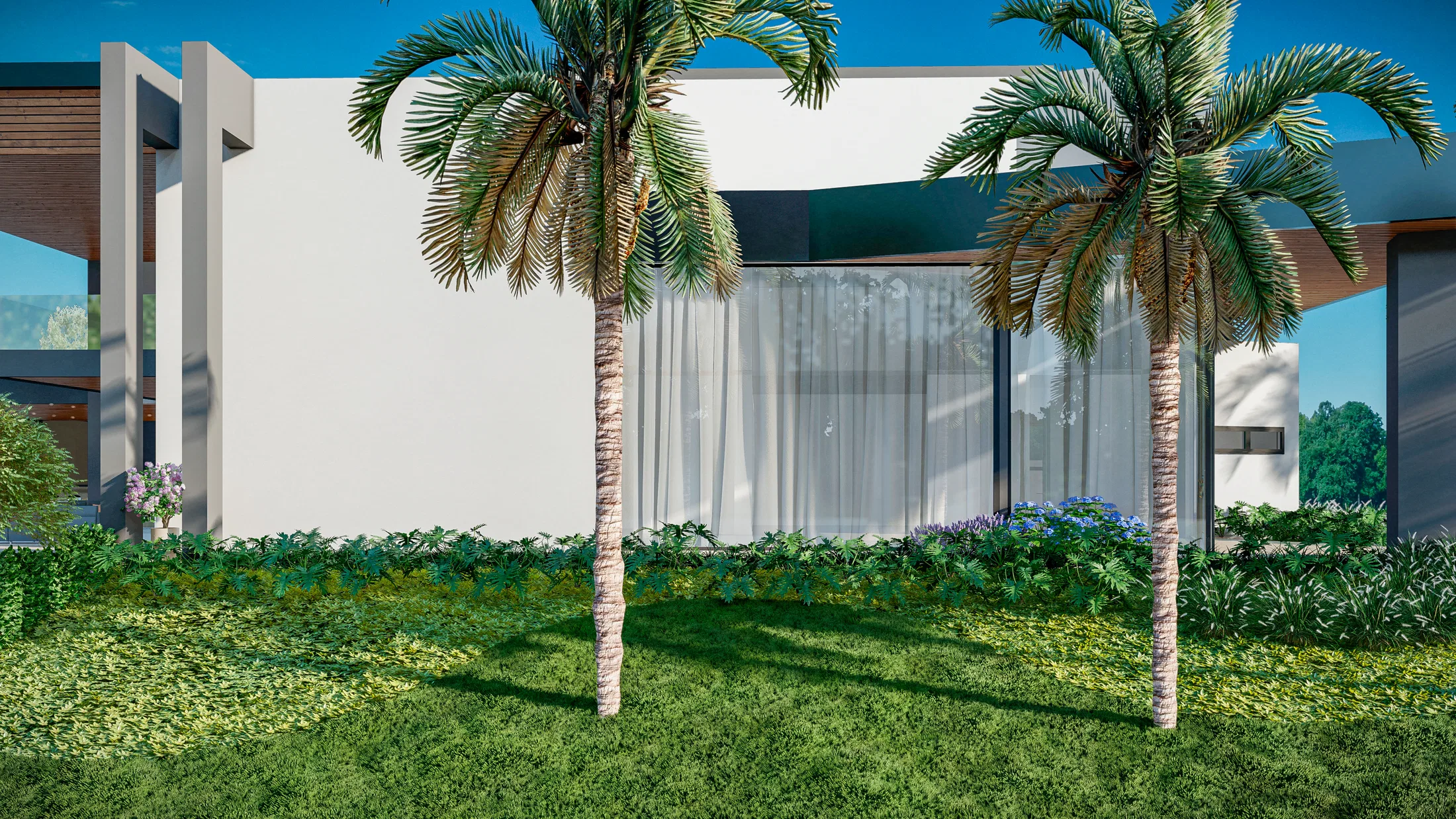 Two palm trees in front of a facade with sheer curtains behind the glass and a flowering bed along the lawn