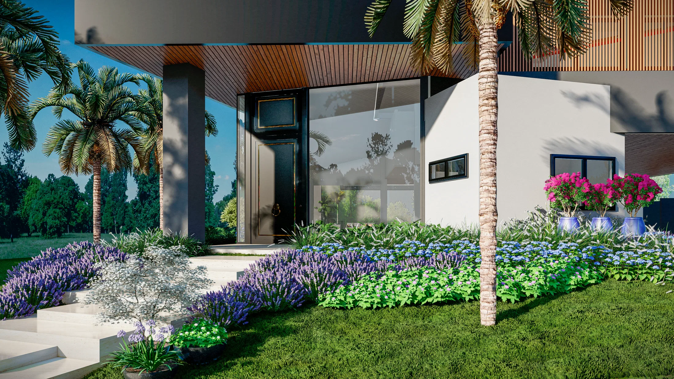 Daytime entry facade with palm trees, lavender and agapanthus beds lining a stone stair up to the glass door