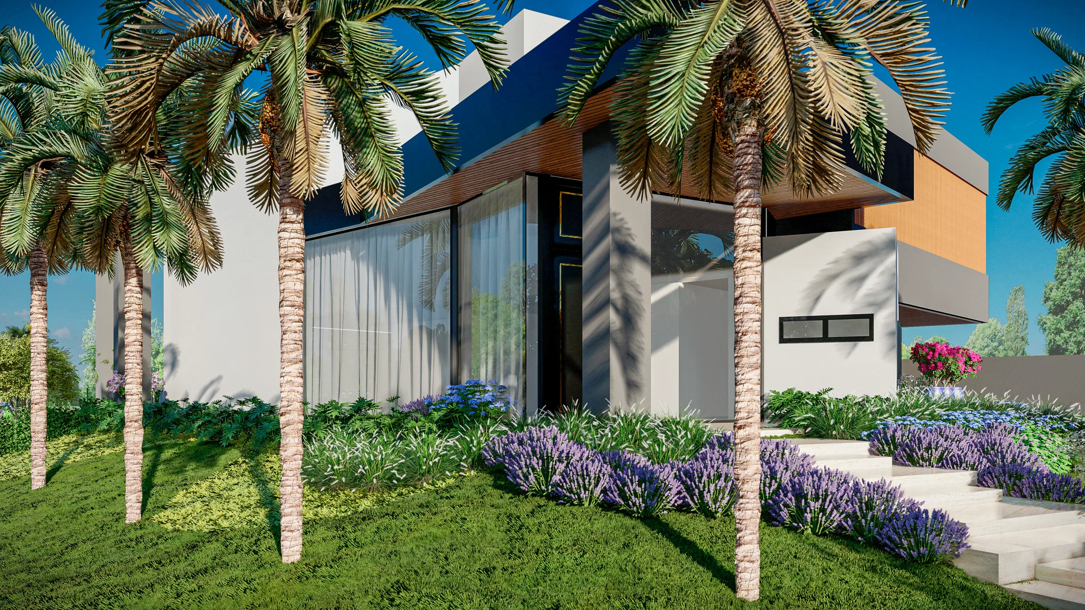 Daytime facade with multiple palm trees framing the glazed surface and beds of purple and white flowers