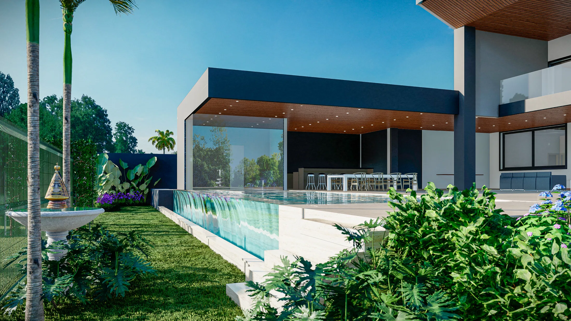 Glass-edge pool beside a covered seating area with a wood ceiling, a counter and stools behind glass, a garden with a fountain and palm trees