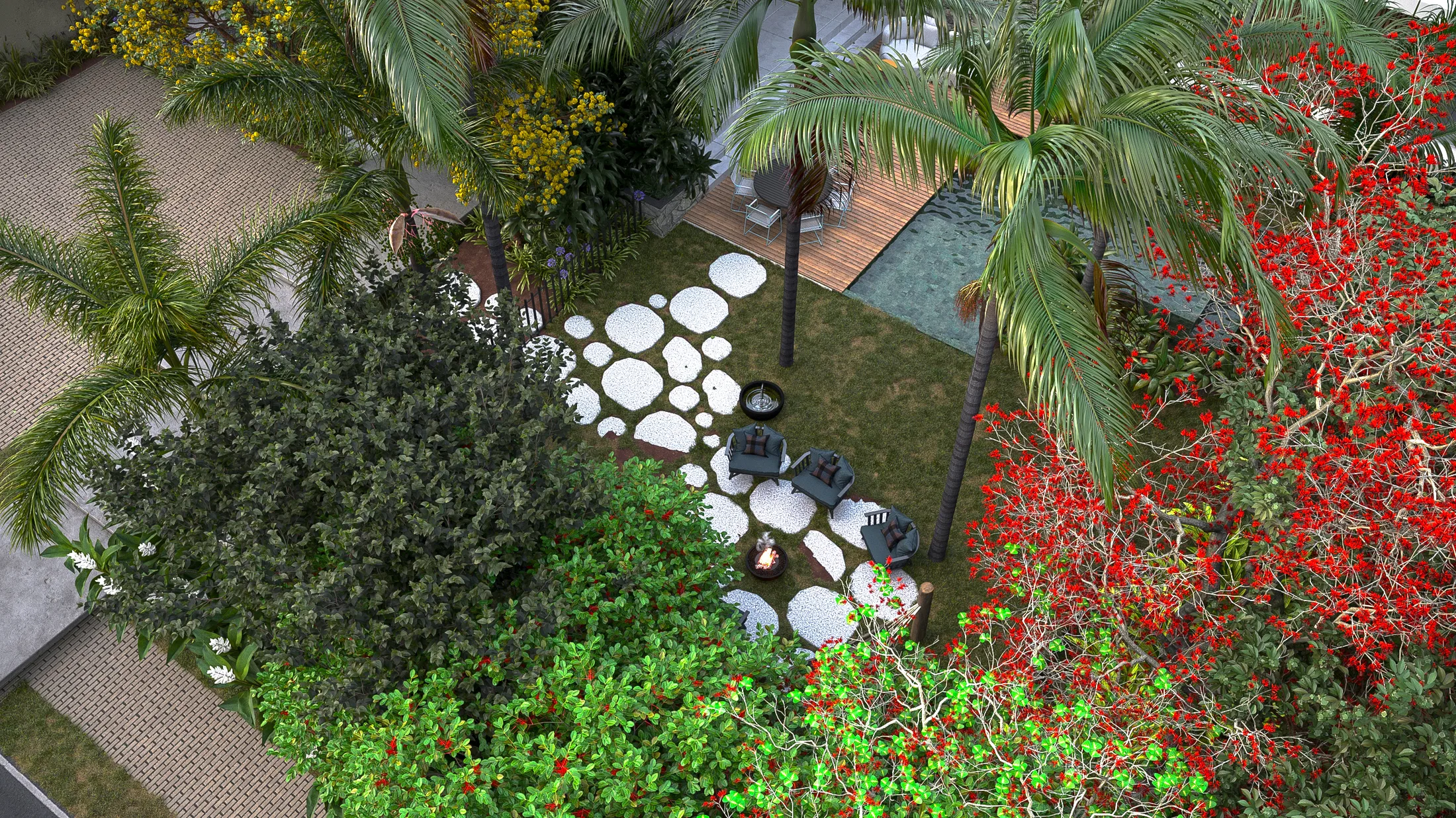 Aerial view of the garden with a path of round stepping stones, a fire-bowl lounge, timber deck, pool and red flame tree