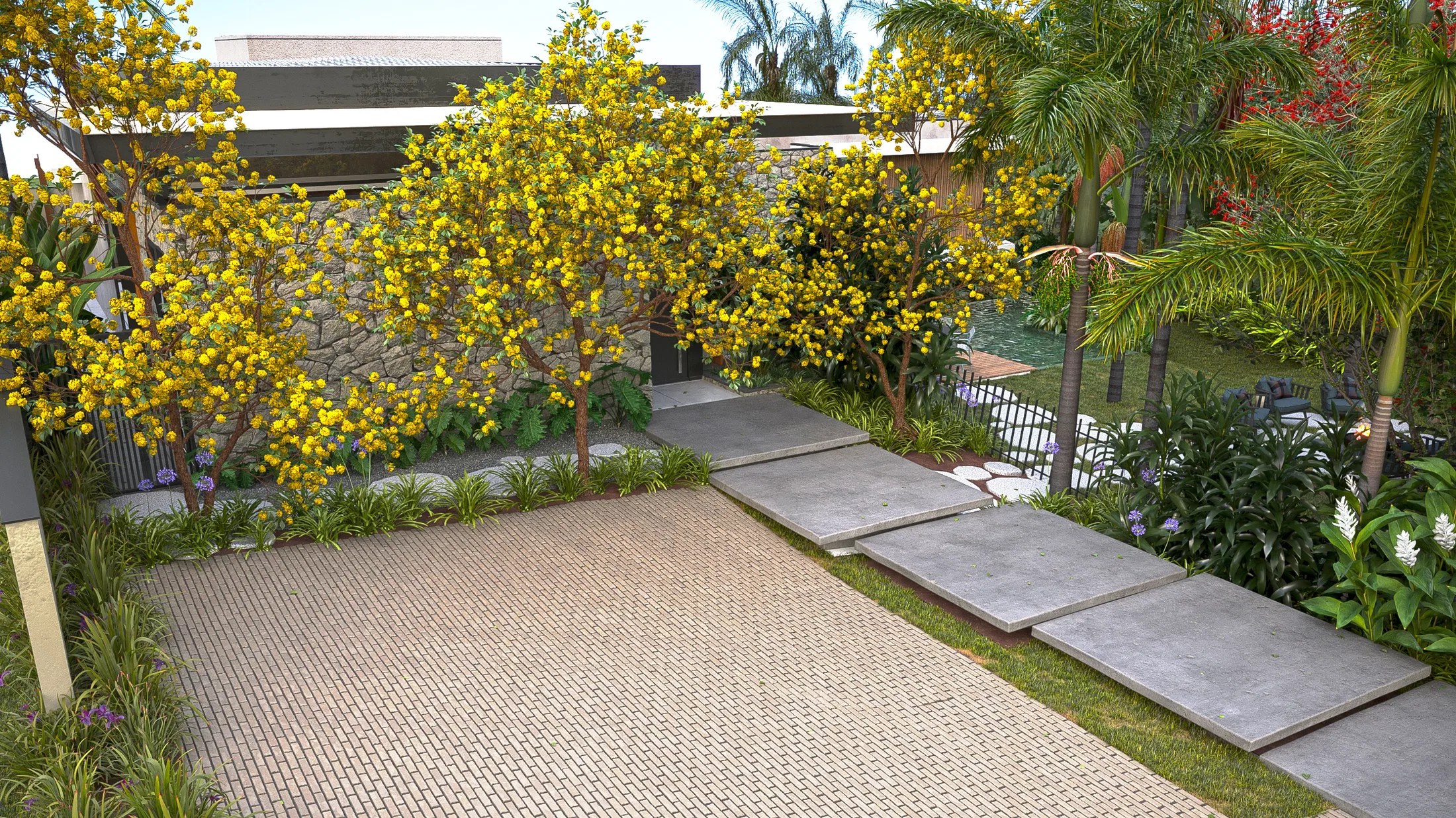 Stone wall with yellow-flowering trees, permeable grid paving and large stone slabs across a strip of lawn