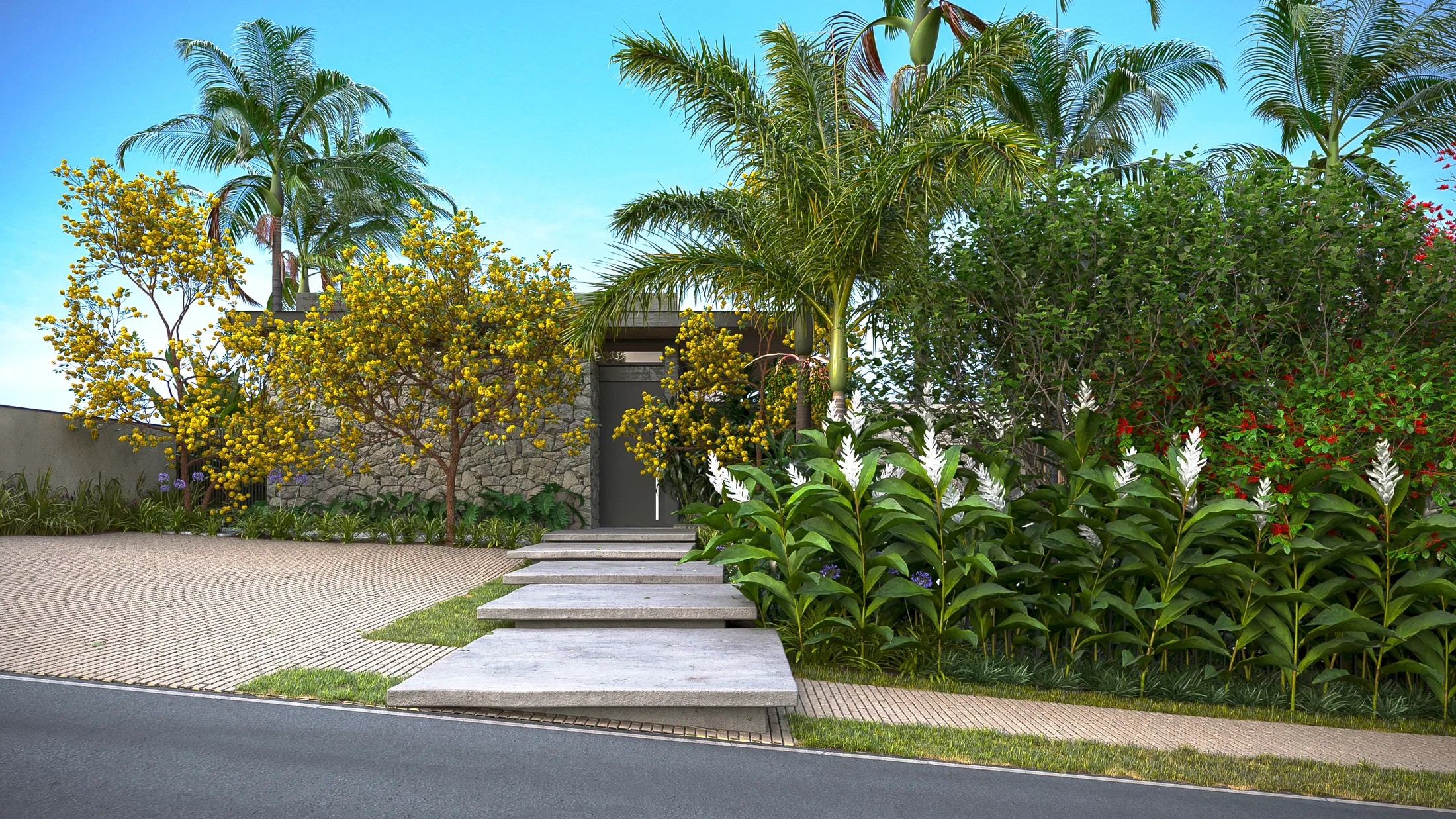 Main entrance with a stone wall, a path of floating concrete slabs, yellow-flowering trees, palms and white heliconias