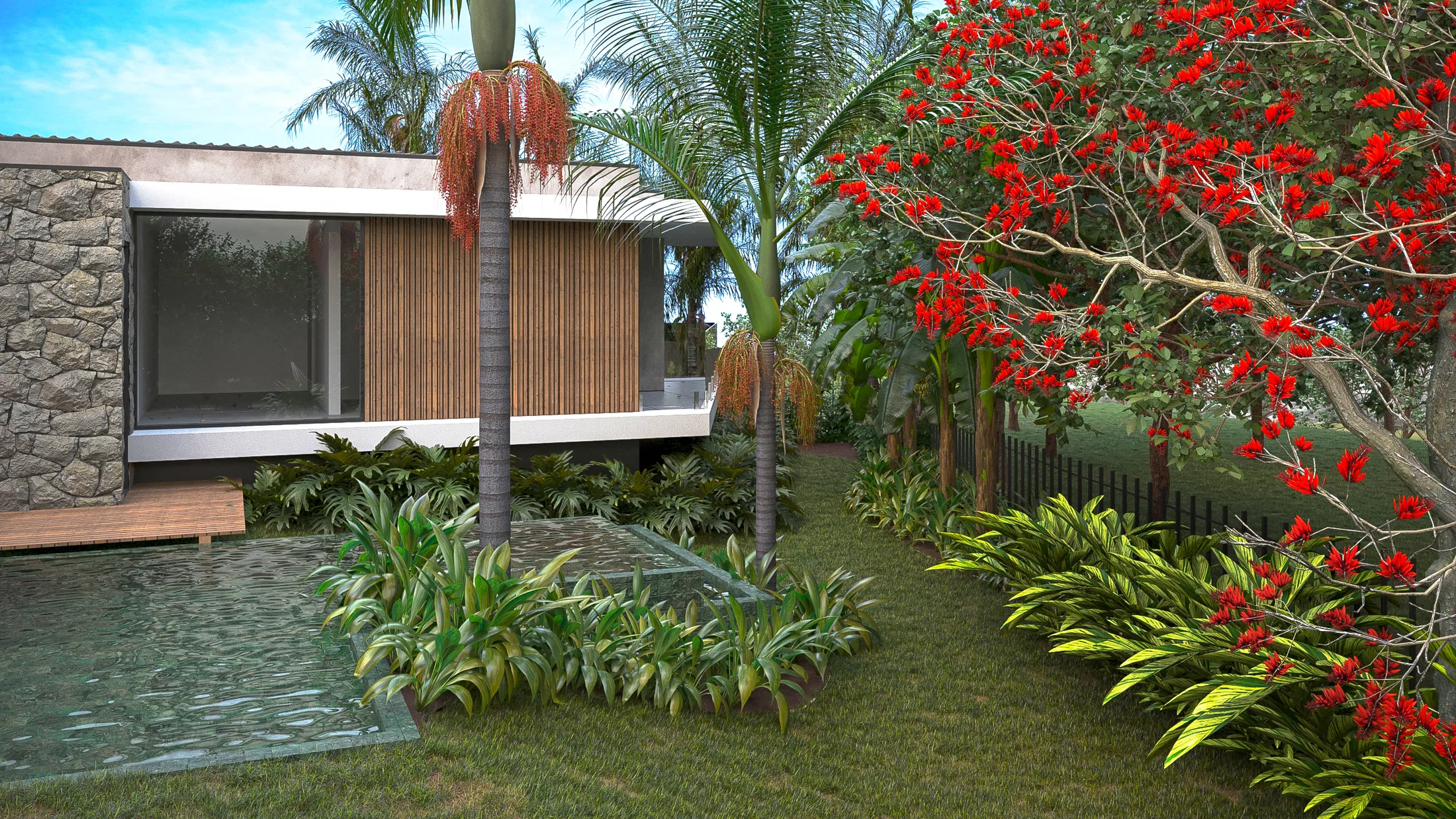 House with a wood-slat and stone facade, a water mirror at its base, tropical groundcovers and a red flame tree alongside
