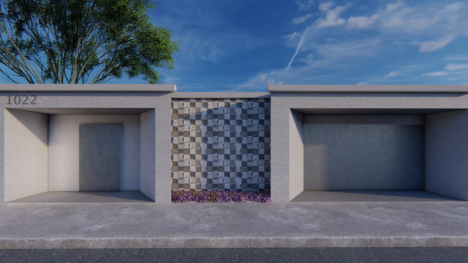 Single-story facade with two recessed bays flanking a central panel of geometric relief ceramic, a lilac flower bed at its base and a tree behind