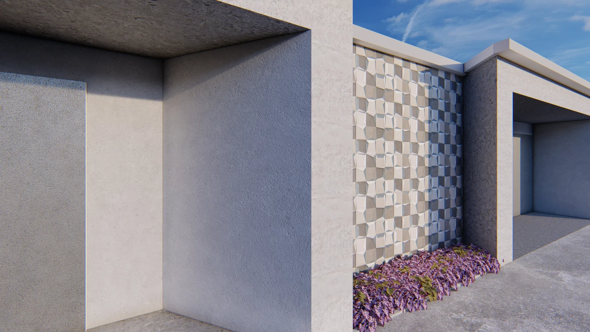 Angled close-up of the facade, with the plastered recess and the geometric ceramic panel above a strip of lilac blooms and moss at floor level