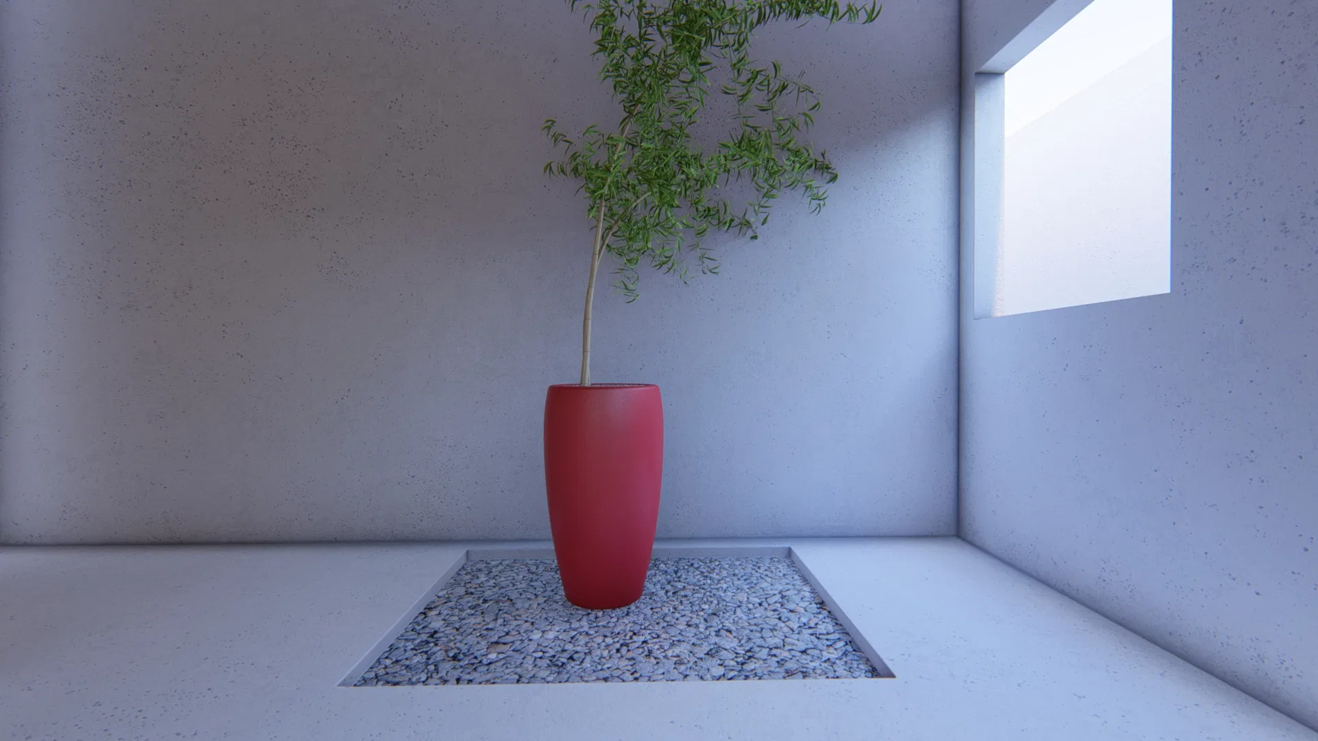 Contemplative patio with a red ceramic vase and a slender plant set on a square gravel bed in the polished floor, between textured concrete walls