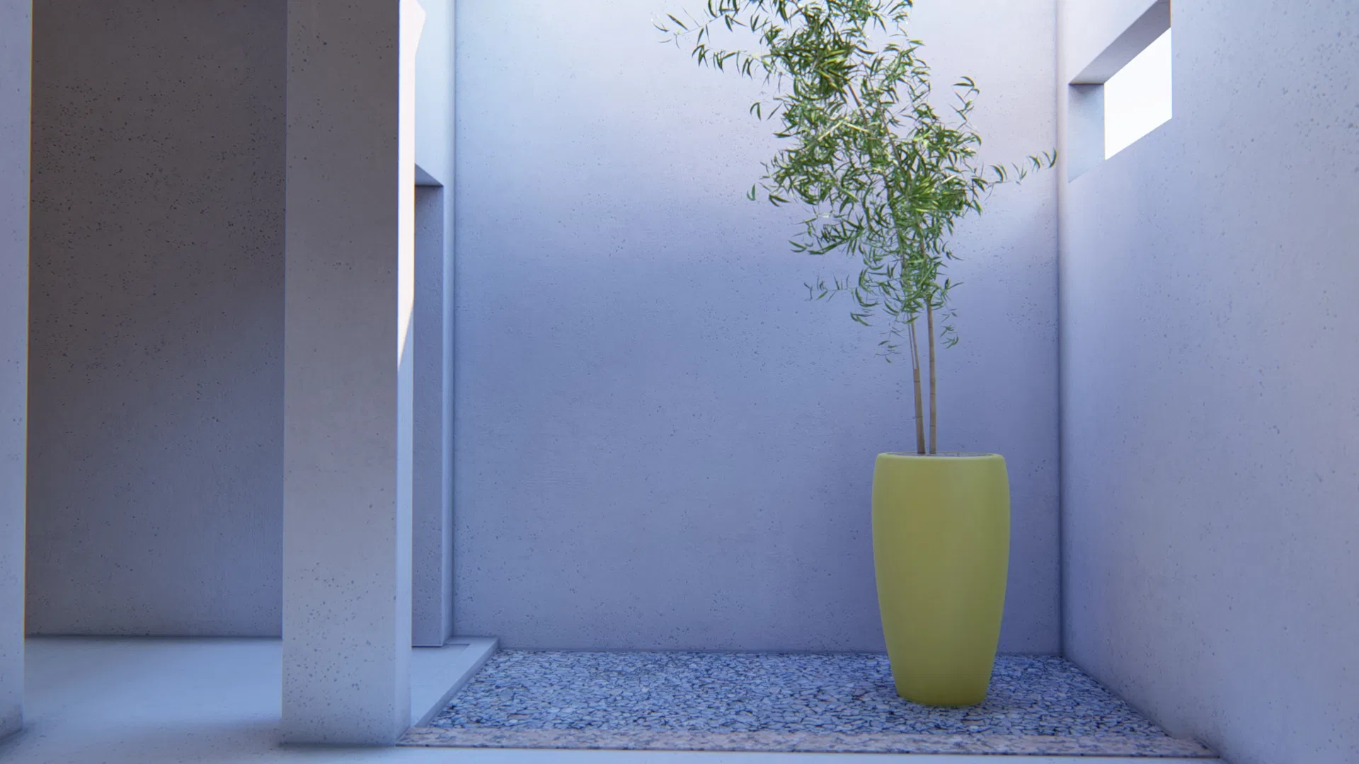 Contemplative corner with a yellow ceramic vase and bamboo over a gravel bed, lit by a light slot in the pale concrete walls