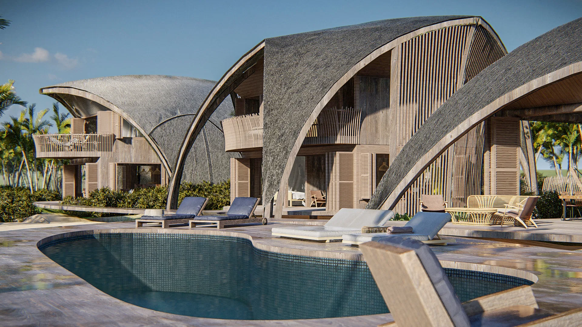 Curved blue-mosaic pool deck with loungers and daybeds, facing vegetal-shell pavilions with timber-slat facades.