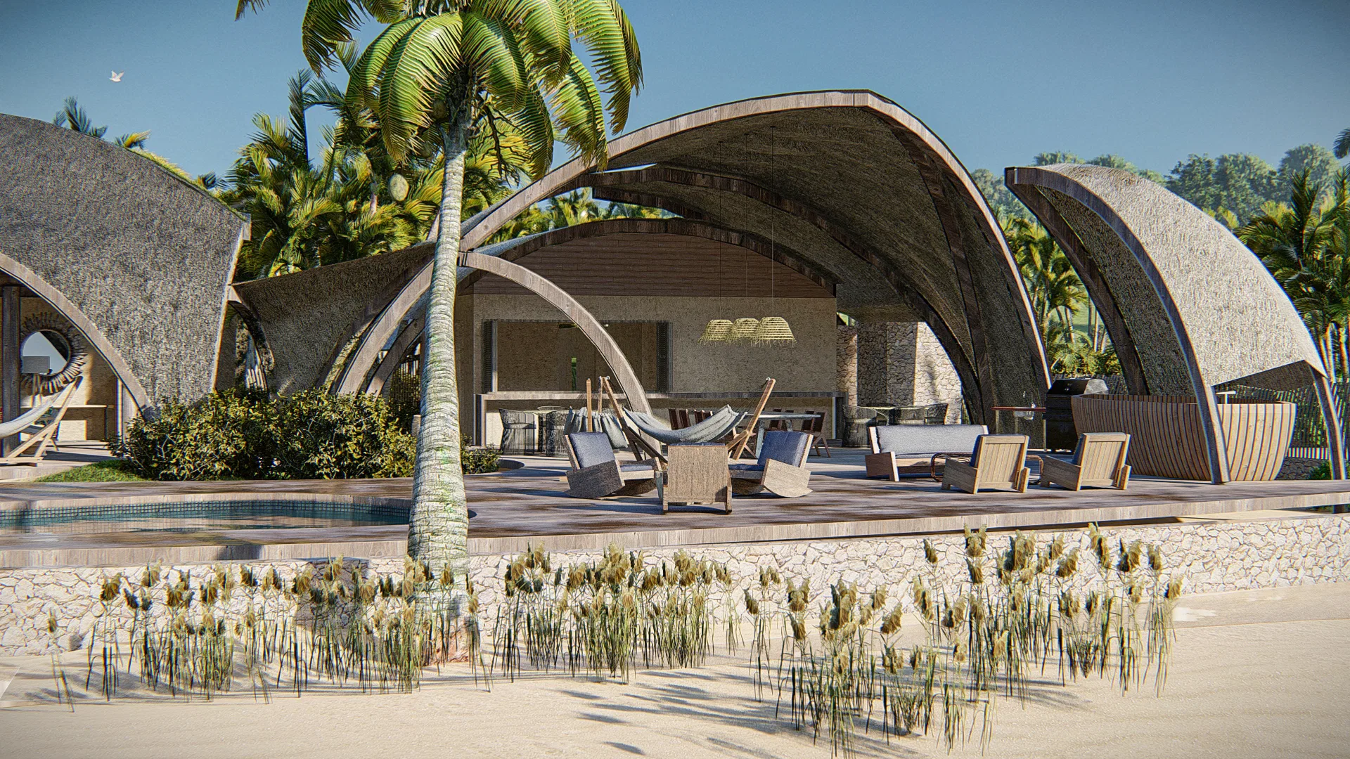 Open pavilion of curved shells over a timber deck, with loungers, hammocks and sofas beside a pool and a central coconut palm.