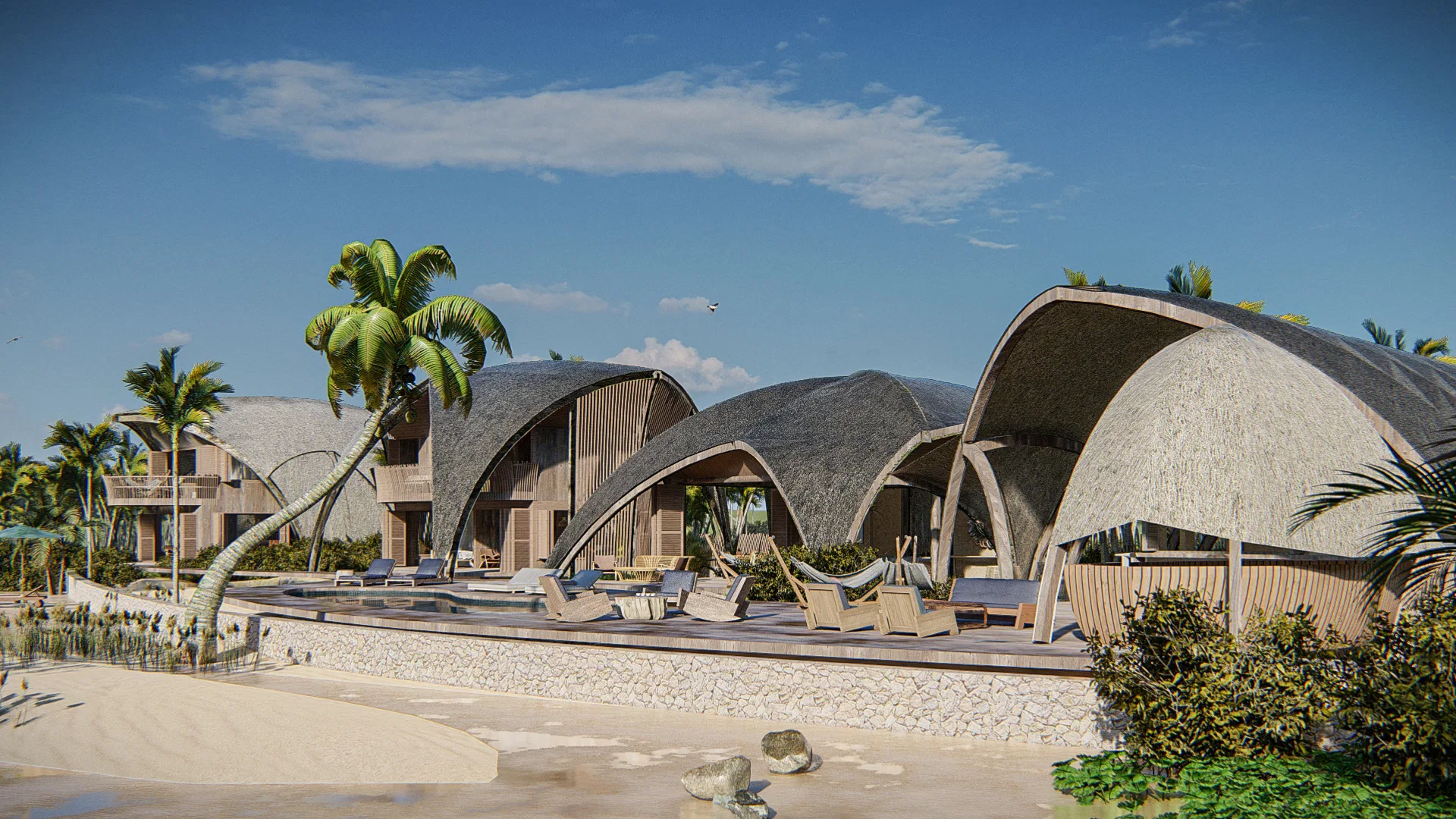 Row of curved-shell pavilions with decks, loungers and hammocks, a stone base and palms, facing the sandy beach in the foreground.