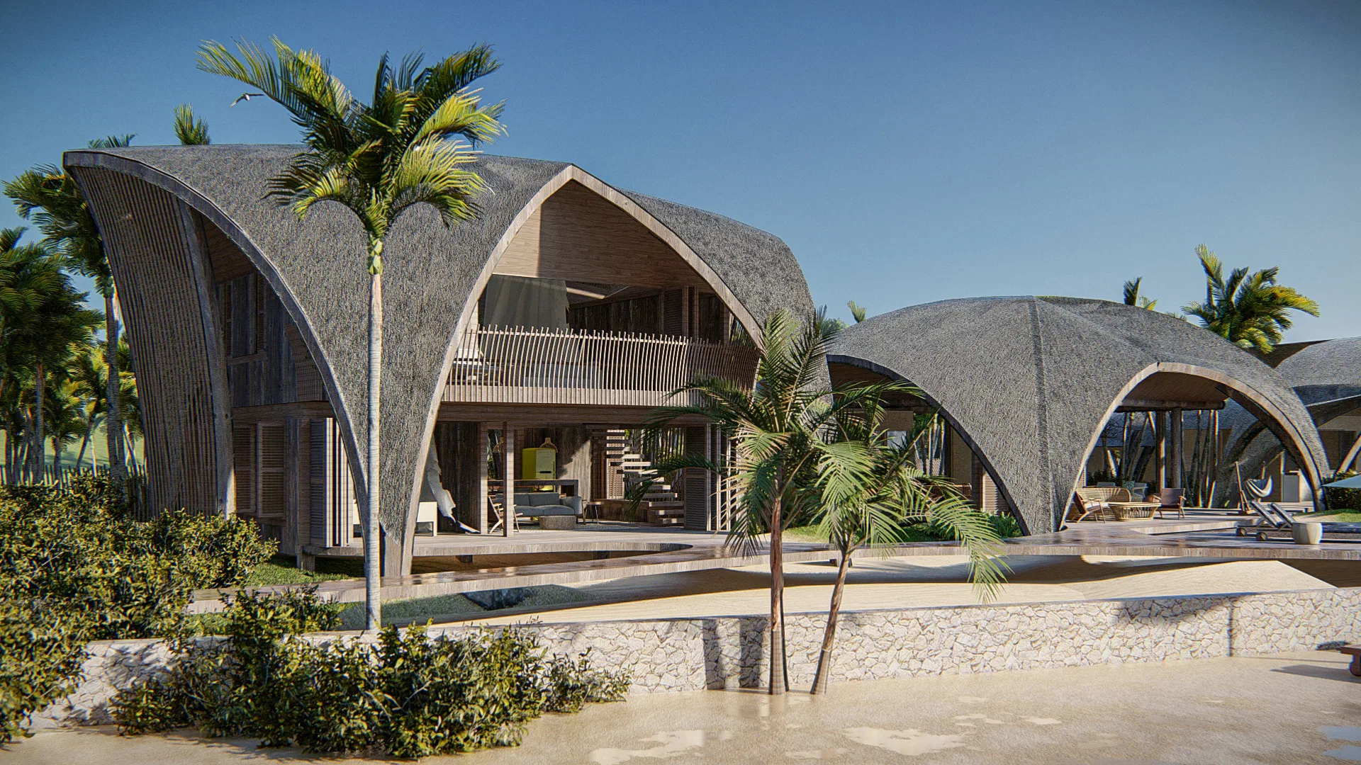 Two-storey pavilion with a parabolic vegetal shell, an open facade revealing an internal stair and slatted balcony, among palms and a reflecting pool.