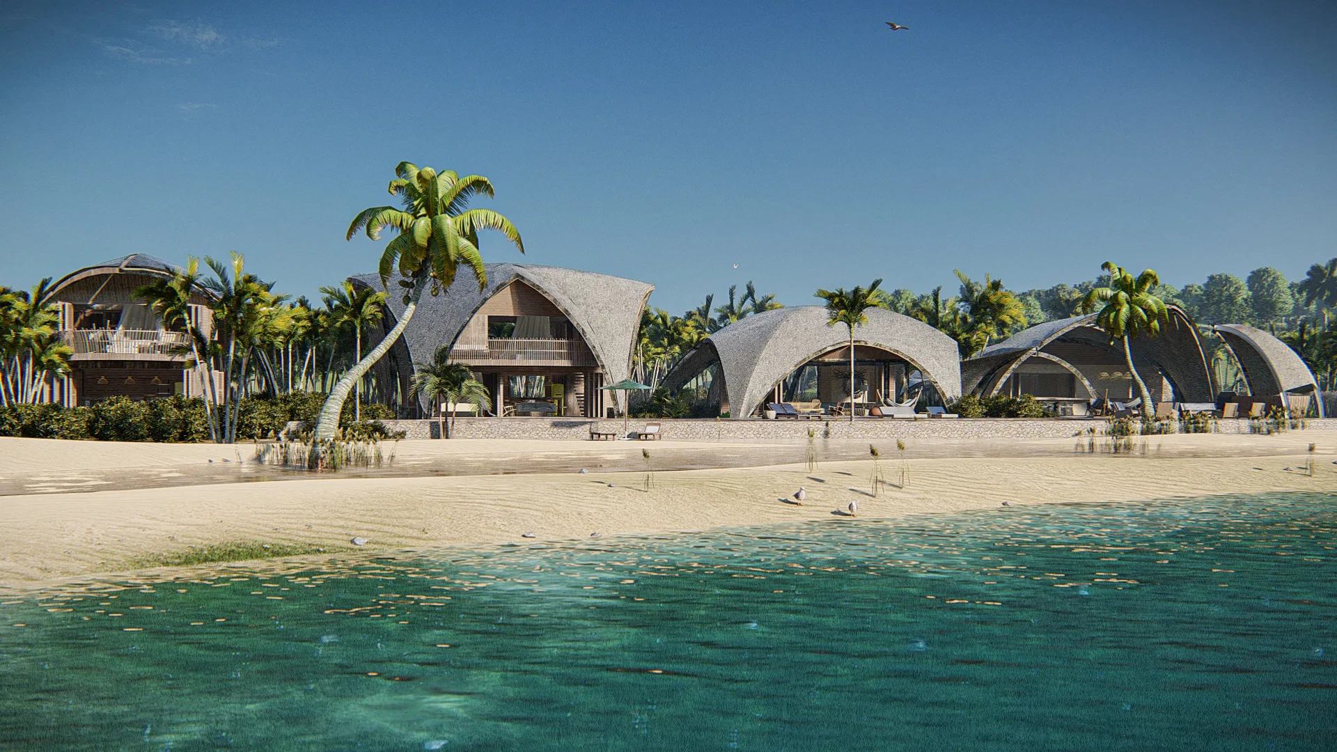Curved vegetal-roof pavilions lined along the shore among coconut palms, seen across turquoise water with pale sand in the foreground.