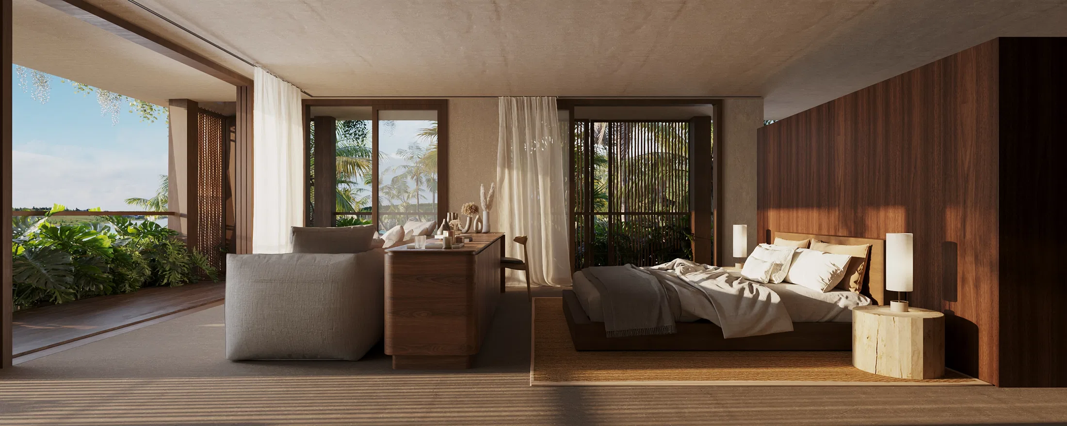 3D render of a guest room in the inn, featuring wood-clad walls, a low platform bed, grey armchair, and glass doors opening to a balcony with sea views and lush planting.