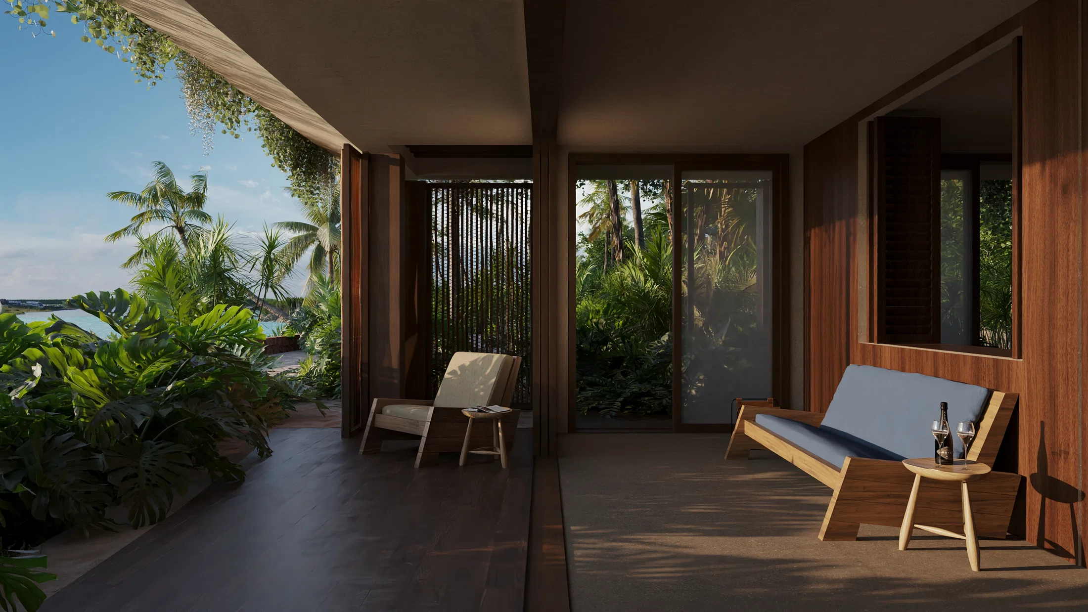 Inn's covered veranda render, featuring wooden furniture, comfortable lounge chairs, side tables, and a view of dense vegetation and a distant lagoon.