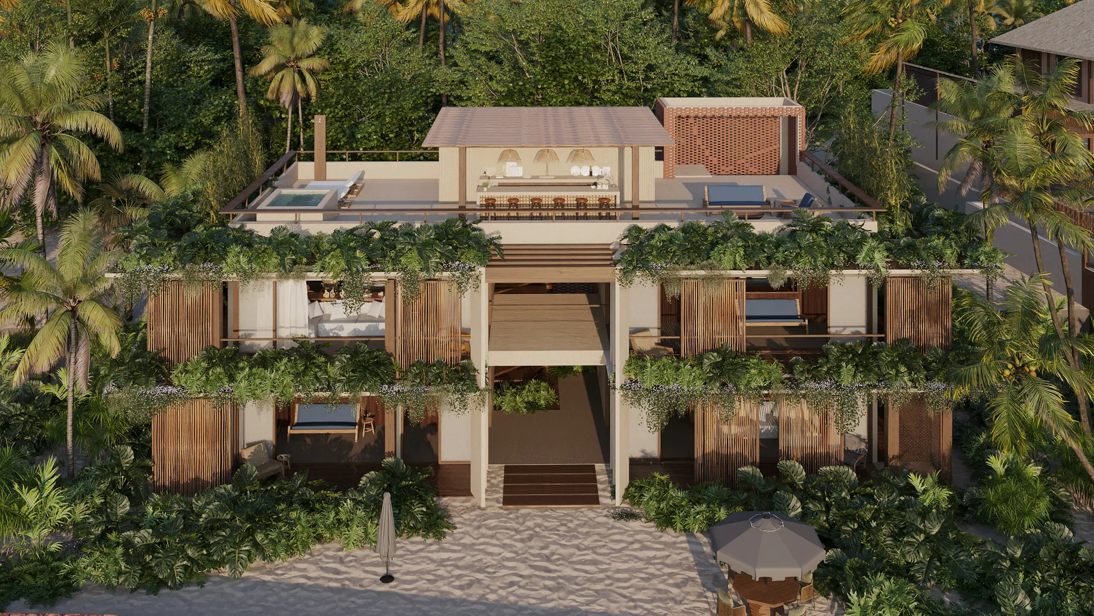 Symmetrical front view render of the inn, showing a central staircase access. The rooftop features a common area with a pool, a bar under a pergola, green balconies, and palm trees.