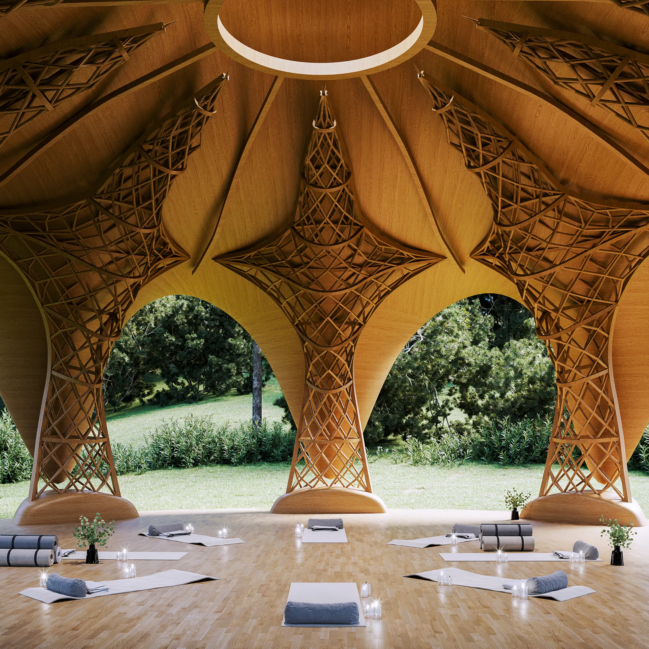 Interior under the timber dome with a lit zenithal oculus, openwork lattice columns and yoga mats lined across the wooden floor.