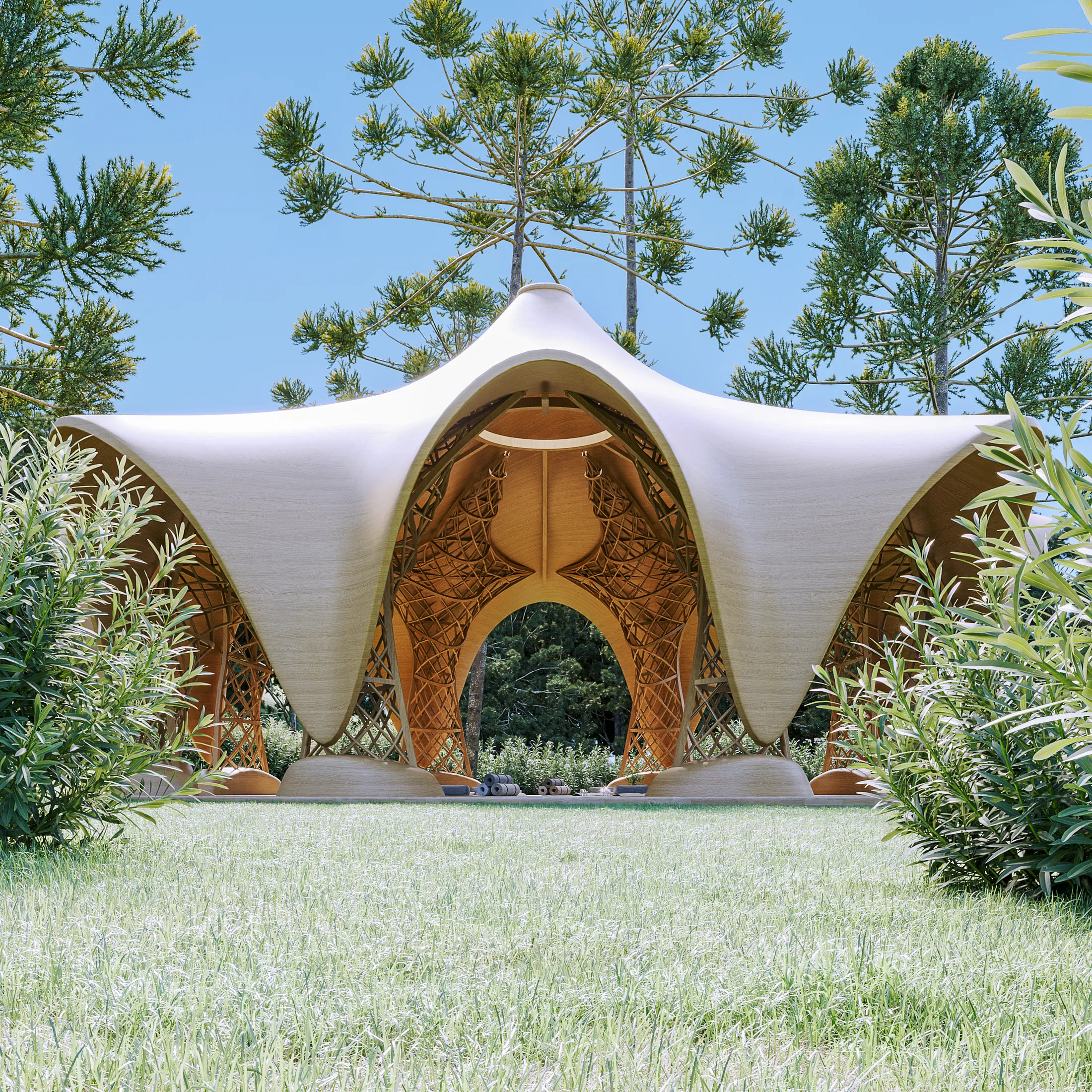 Frontal face of the temple with a central entry arch, openings between timber petals and the meditation floor beyond, framed by planting.