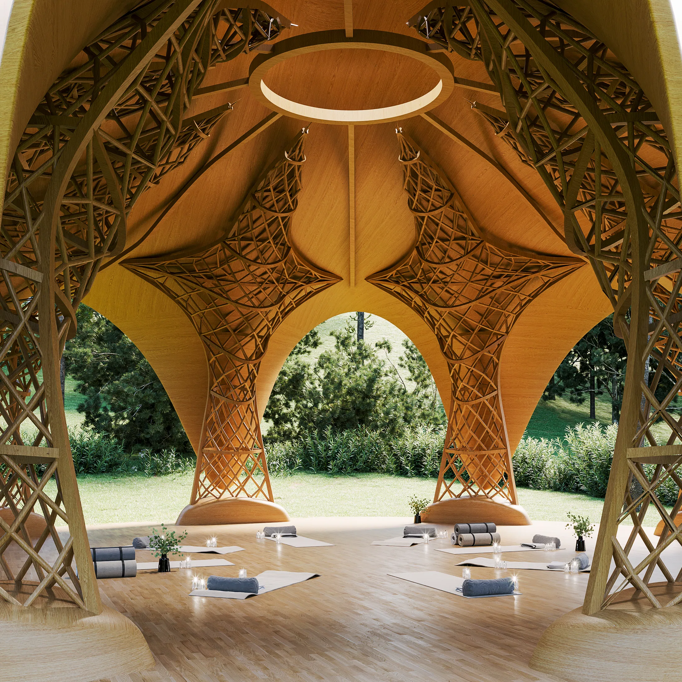 Interior with wide arches opening to the garden, intertwined bamboo columns and a circle of mats and cushions for meditation.