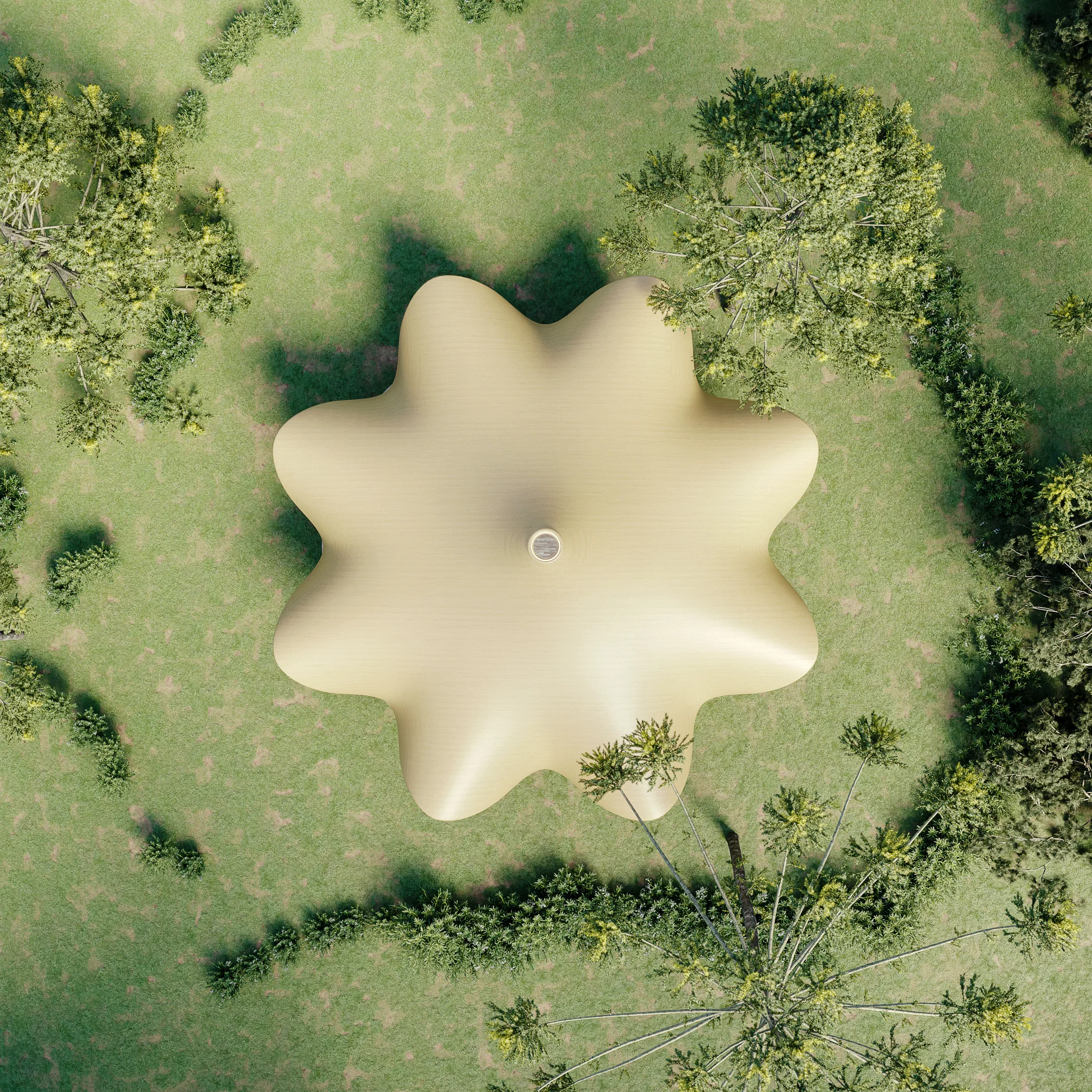 Aerial view of the eight-petalled flower-shaped roof with its central oculus, resting on lawn encircled by treetops.