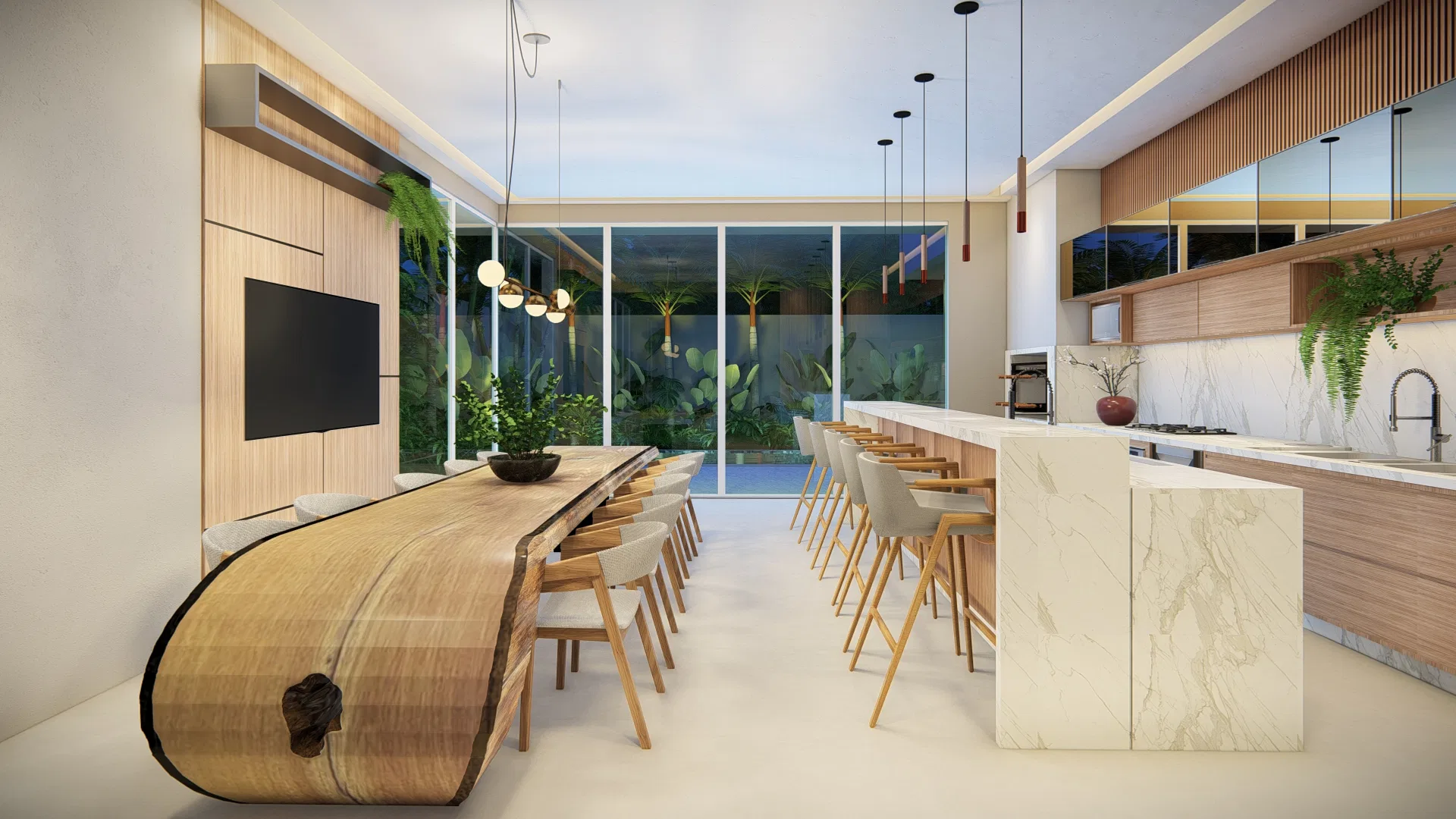 Gourmet kitchen integrated with the dining area, featuring a live-edge wood table, a white marble island and a view to the interior garden